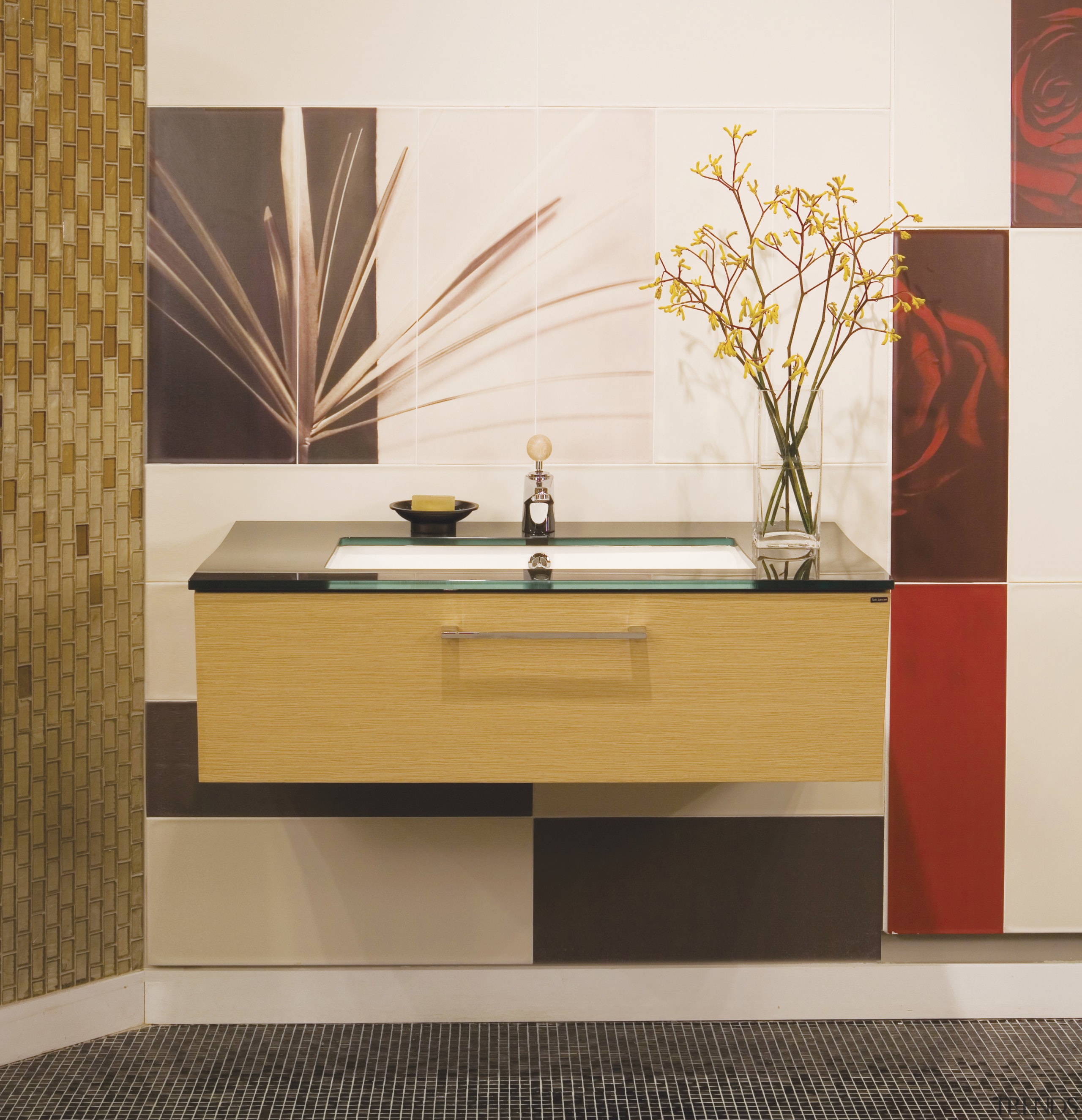 Image of high-end bathroom products available at The bathroom, bathroom accessory, bathroom cabinet, cabinetry, chest of drawers, drawer, floor, flooring, furniture, interior design, product design, shelf, sideboard, sink, wall, white, brown