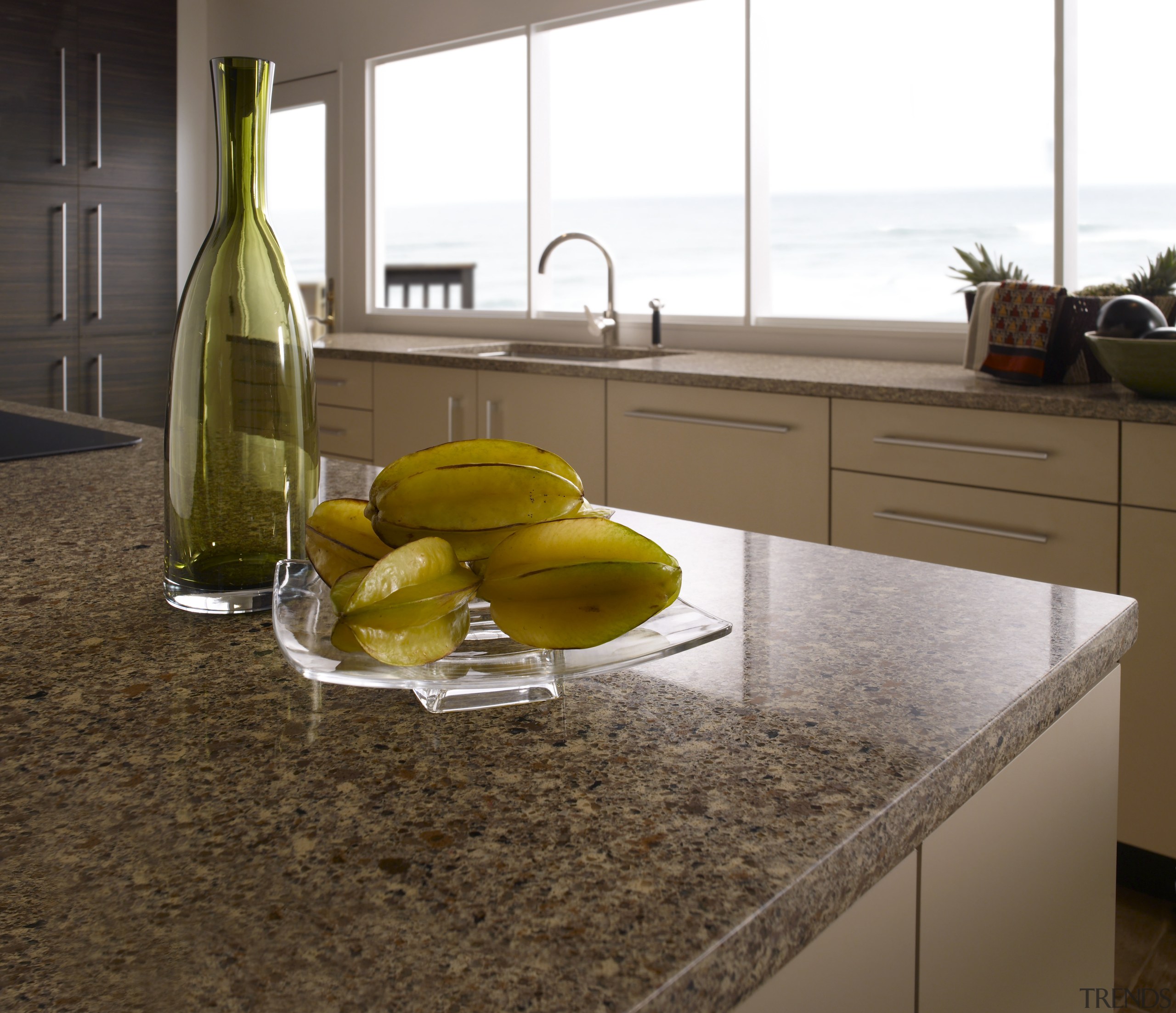 Other silestone surfaces include, Koan and Gedastu from countertop, floor, flooring, interior design, kitchen, table, tile, yellow, brown, white