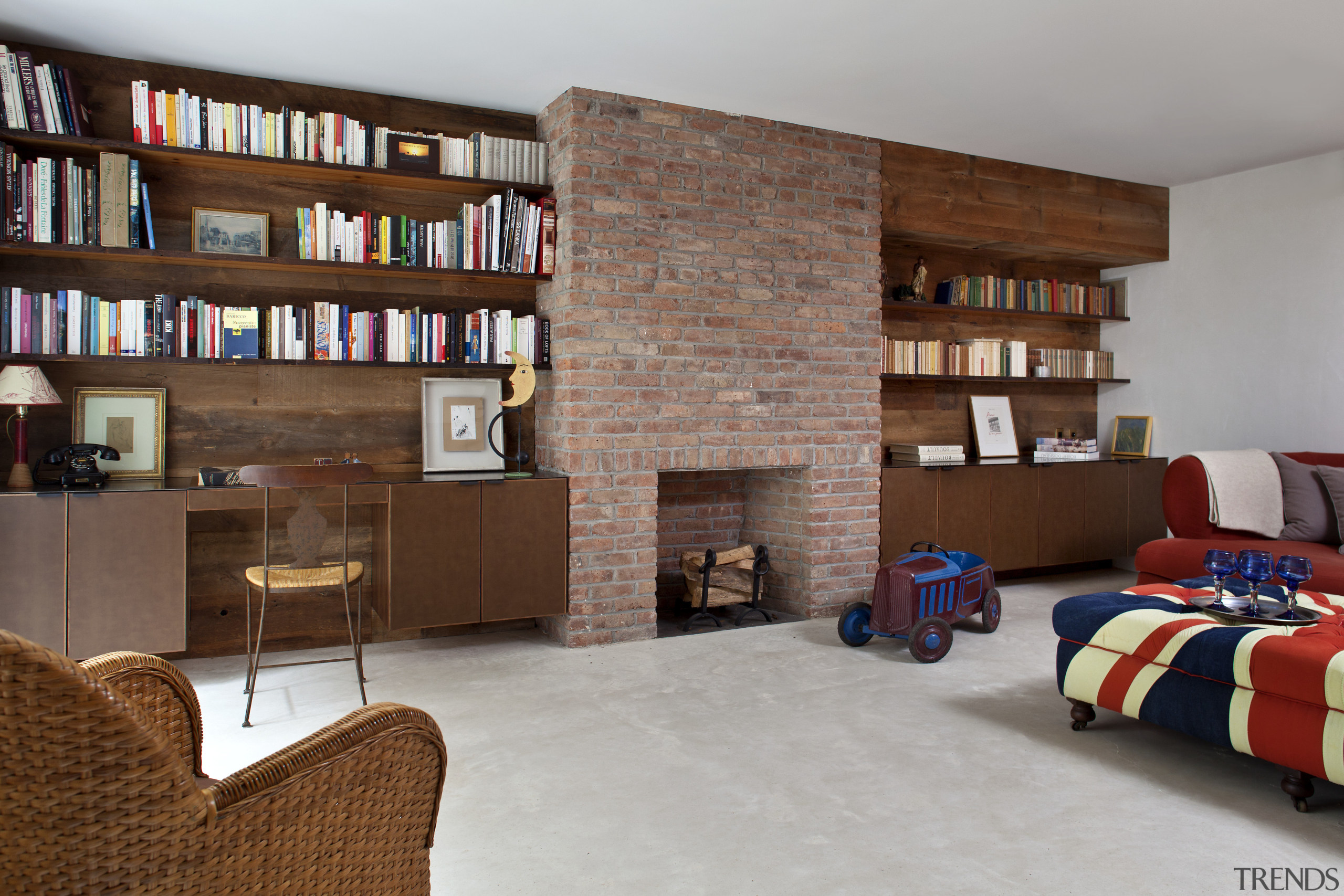 Guest suite in Manhattan townhouse remodel - Guest bookcase, furniture, interior design, living room, room, shelf, shelving, wall, gray, brown