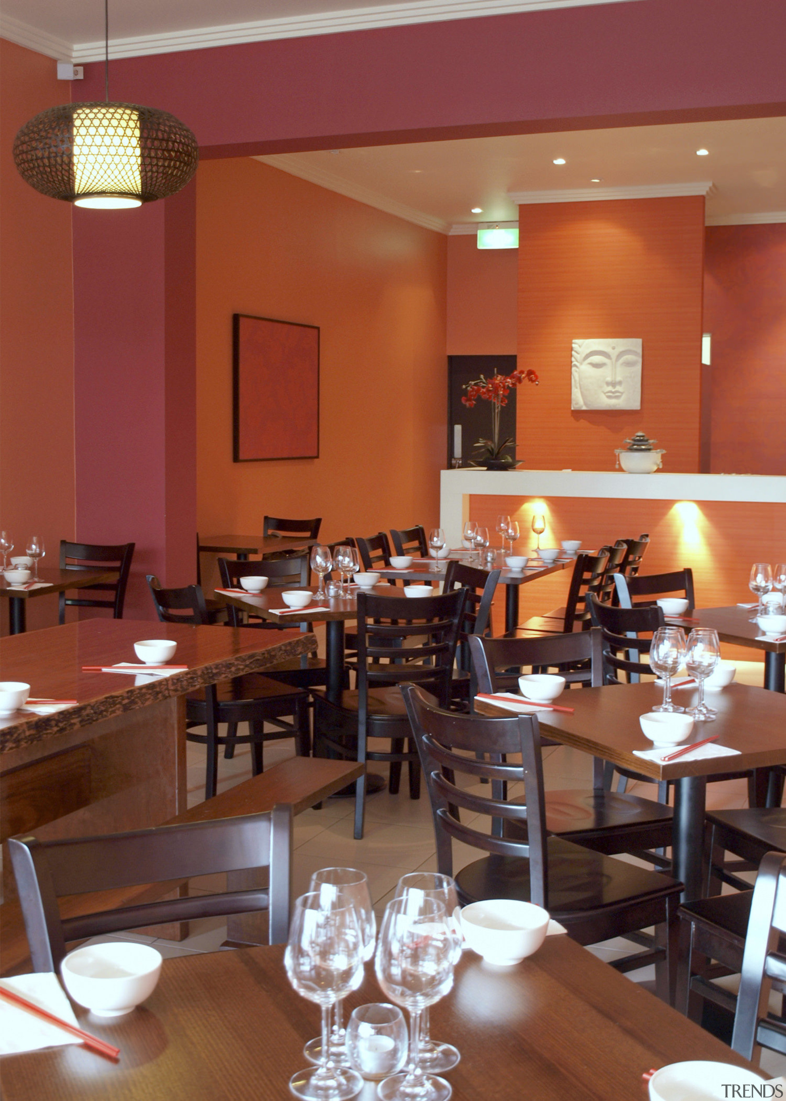 Resene provided the paints for this new Asian café, dining room, function hall, interior design, restaurant, table, red