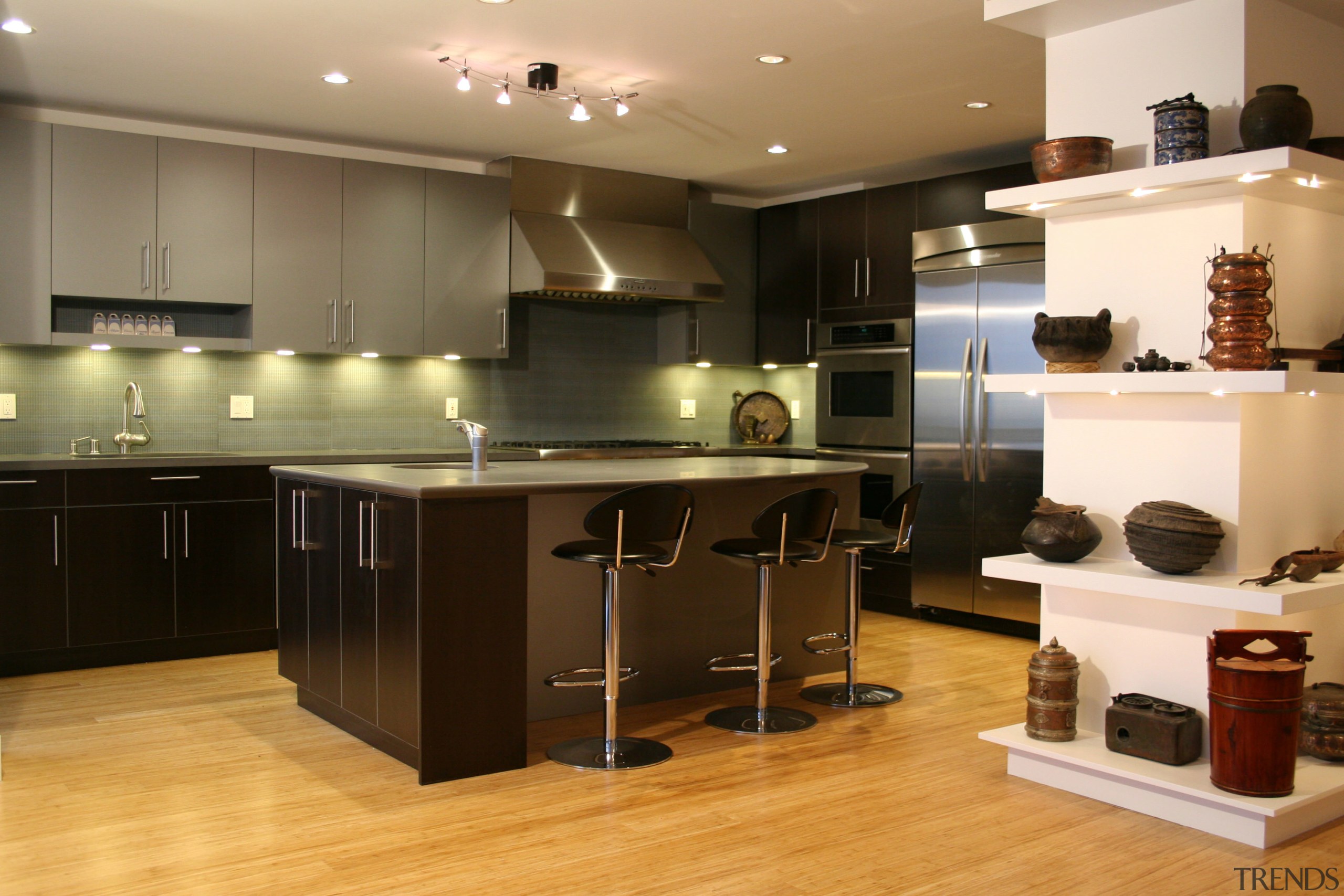 Silver cabinetry contemporary kitchen - Silver cabinetry contemporary cabinetry, countertop, cuisine classique, floor, flooring, hardwood, interior design, kitchen, room, wood flooring, brown, orange
