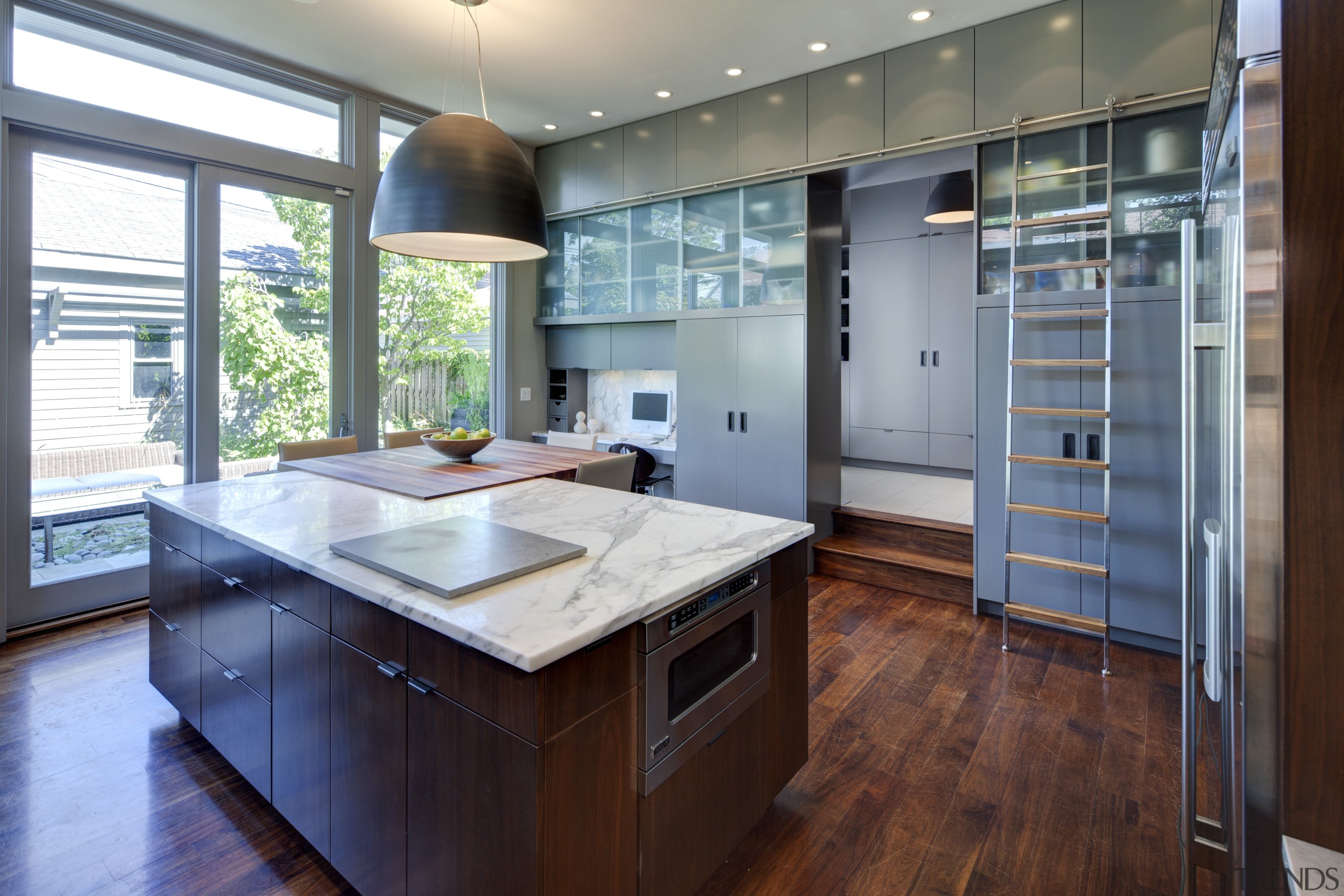 Layered kitchen by Nicholas Design Collaborative with marble cabinetry, countertop, hardwood, interior design, kitchen, real estate, room, gray