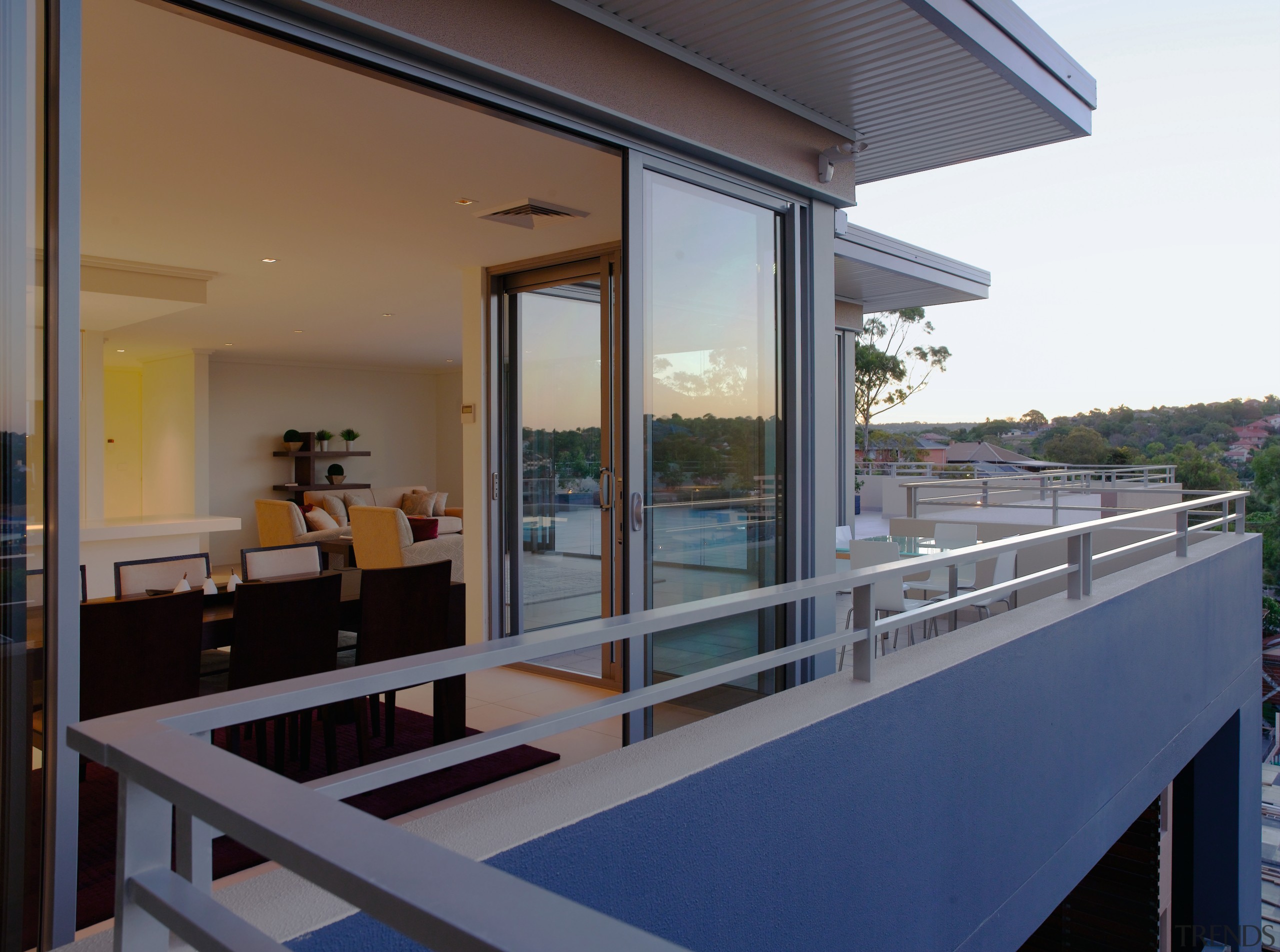 An exterior view of the Edgecliff Apartment Developments balcony, daylighting, house, real estate, roof, window, gray