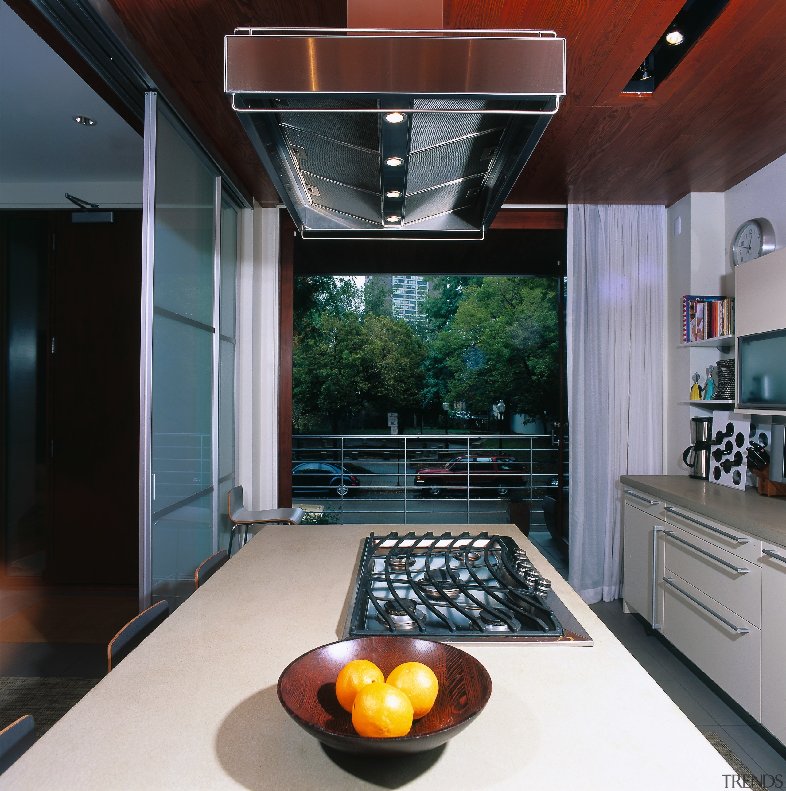 View through the kitchen out to the front ceiling, countertop, house, interior design, kitchen, black, gray