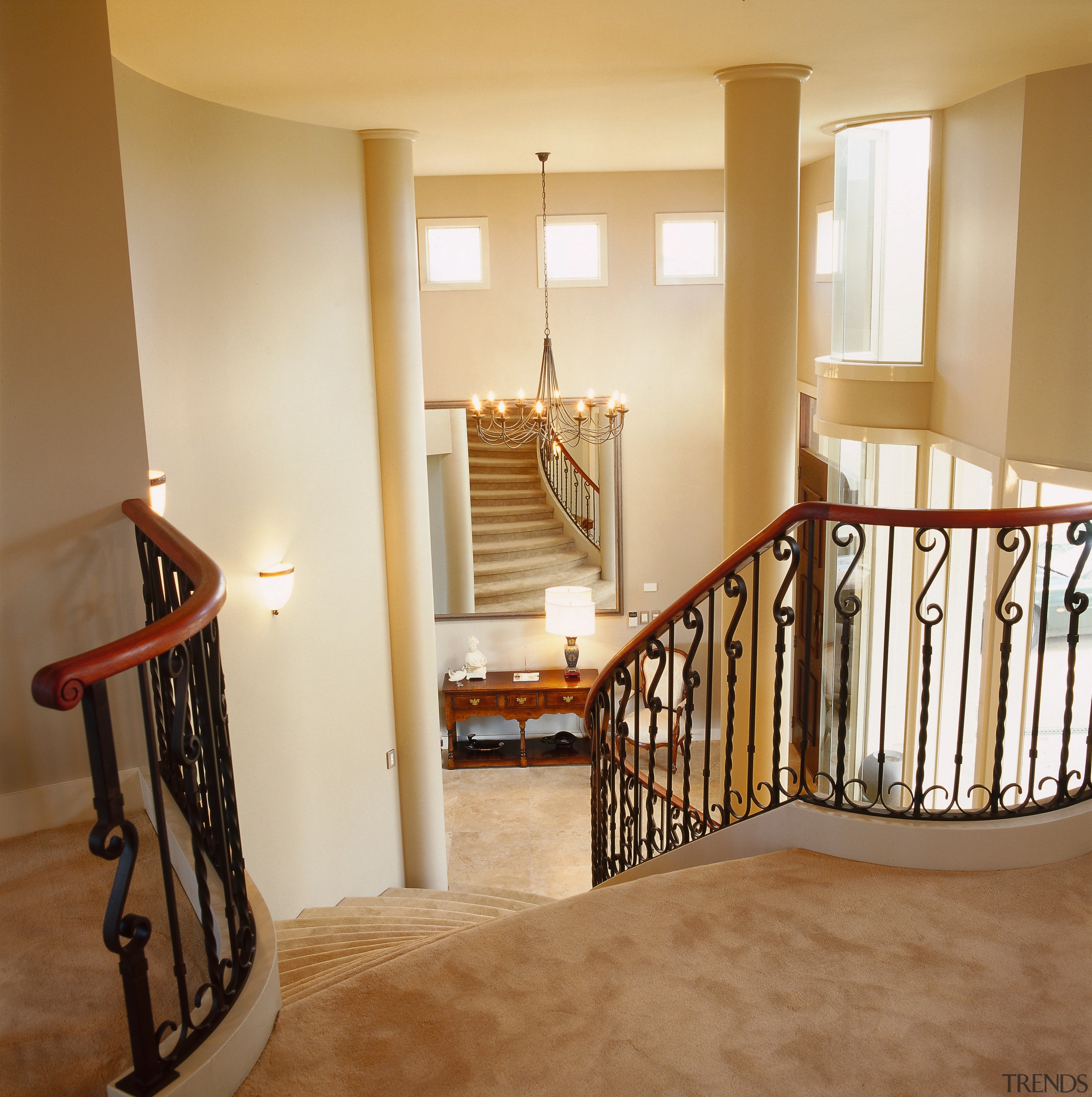 A view of the stair case in the baluster, bed frame, estate, floor, flooring, furniture, handrail, hardwood, home, interior design, laminate flooring, product, real estate, room, stairs, wall, wood, wood flooring, brown, orange