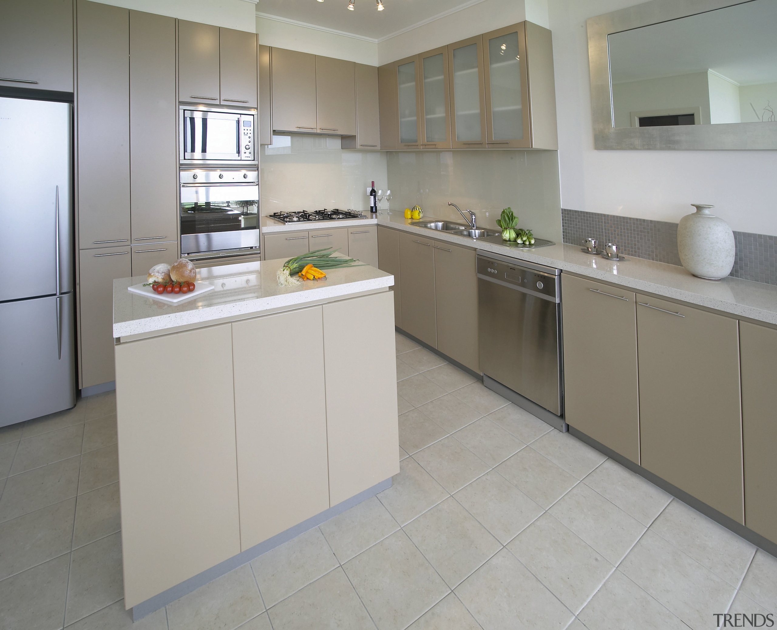 Kitchen with sand coloured cabinets, white toned marble countertop, cuisine classique, floor, flooring, kitchen, property, real estate, room, gray