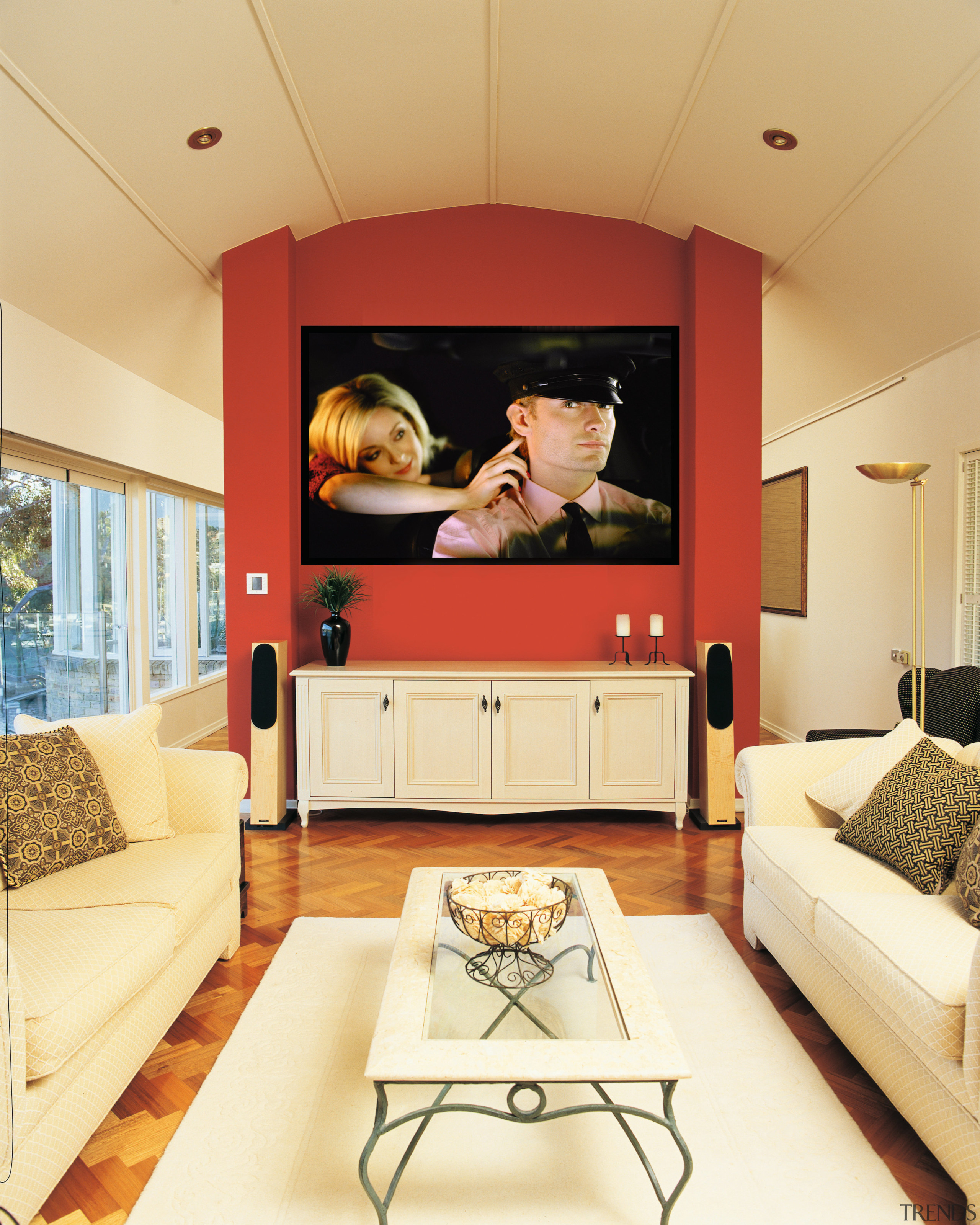 view of the custom designed home theatre and ceiling, furniture, home, interior design, living room, room, wall, orange