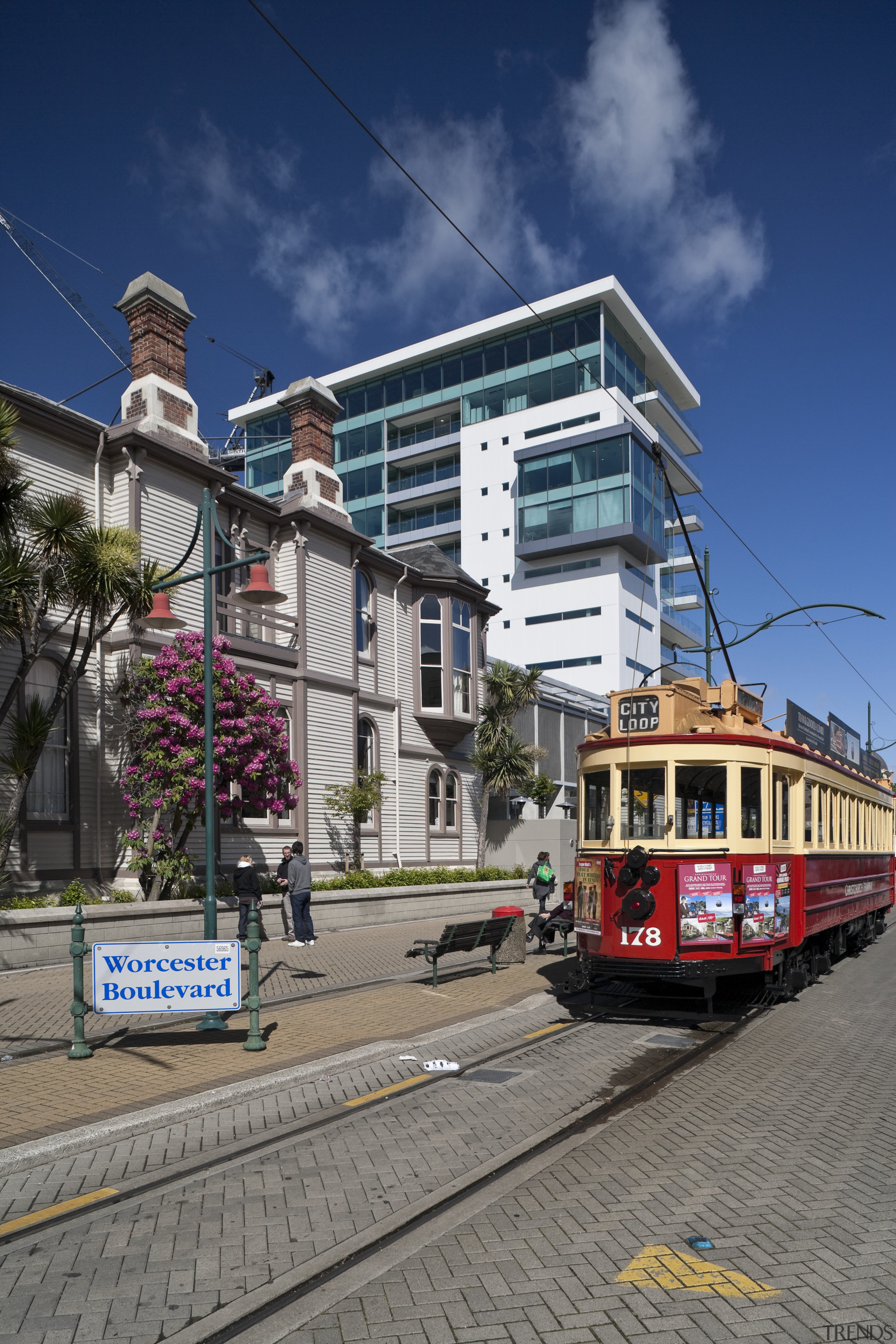 View of the Club Tower offices in Christchurch, architecture, building, cable car, city, downtown, house, landmark, metropolis, metropolitan area, mixed use, neighbourhood, real estate, residential area, sky, town, tram, transport, tree, urban area, vehicle, gray, blue