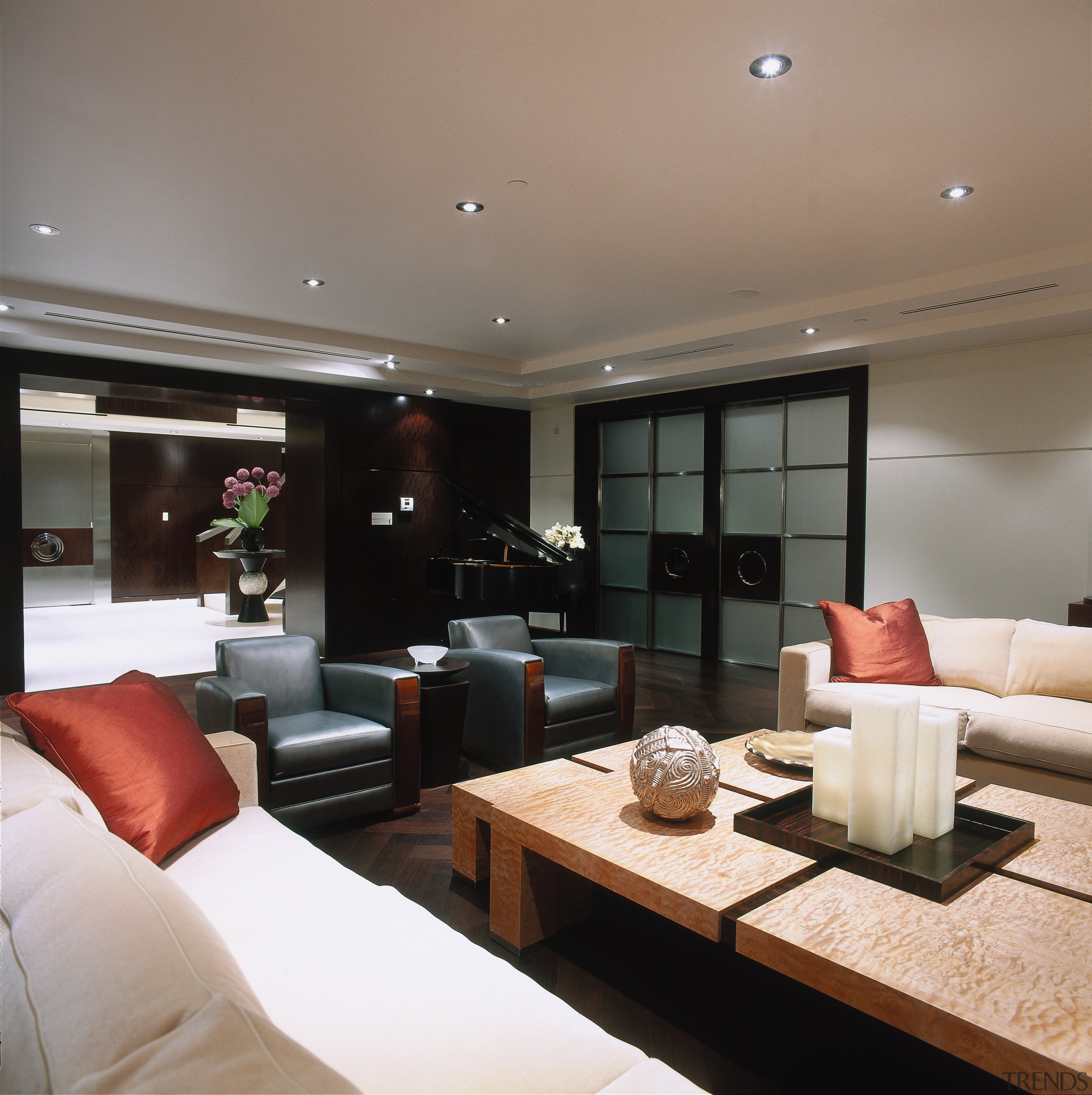 Overview of the lounge area - Overview of ceiling, interior design, living room, property, real estate, room, gray, black