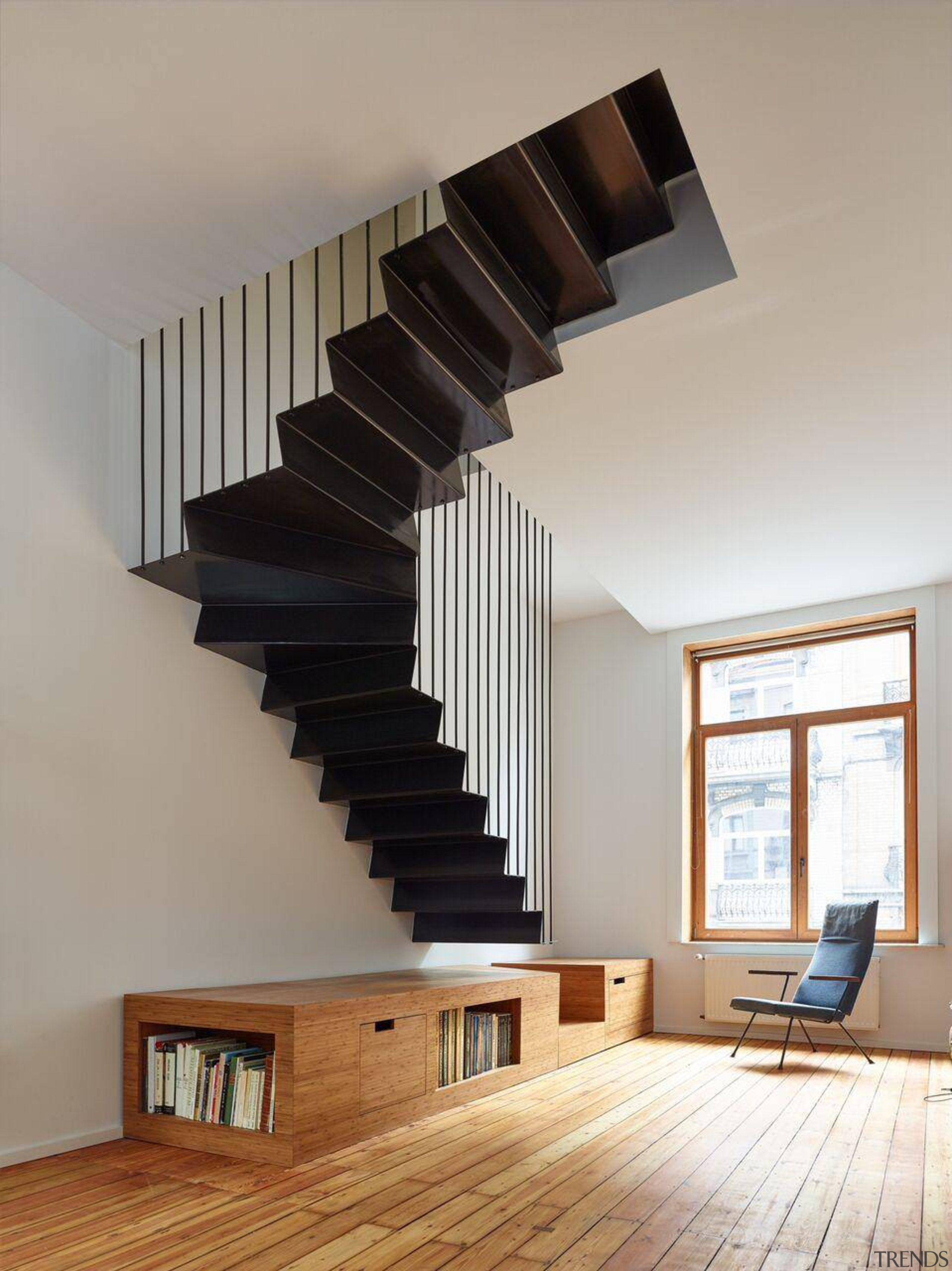 To  make  the  flats  architecture, ceiling, daylighting, handrail, home, house, interior design, stairs, gray