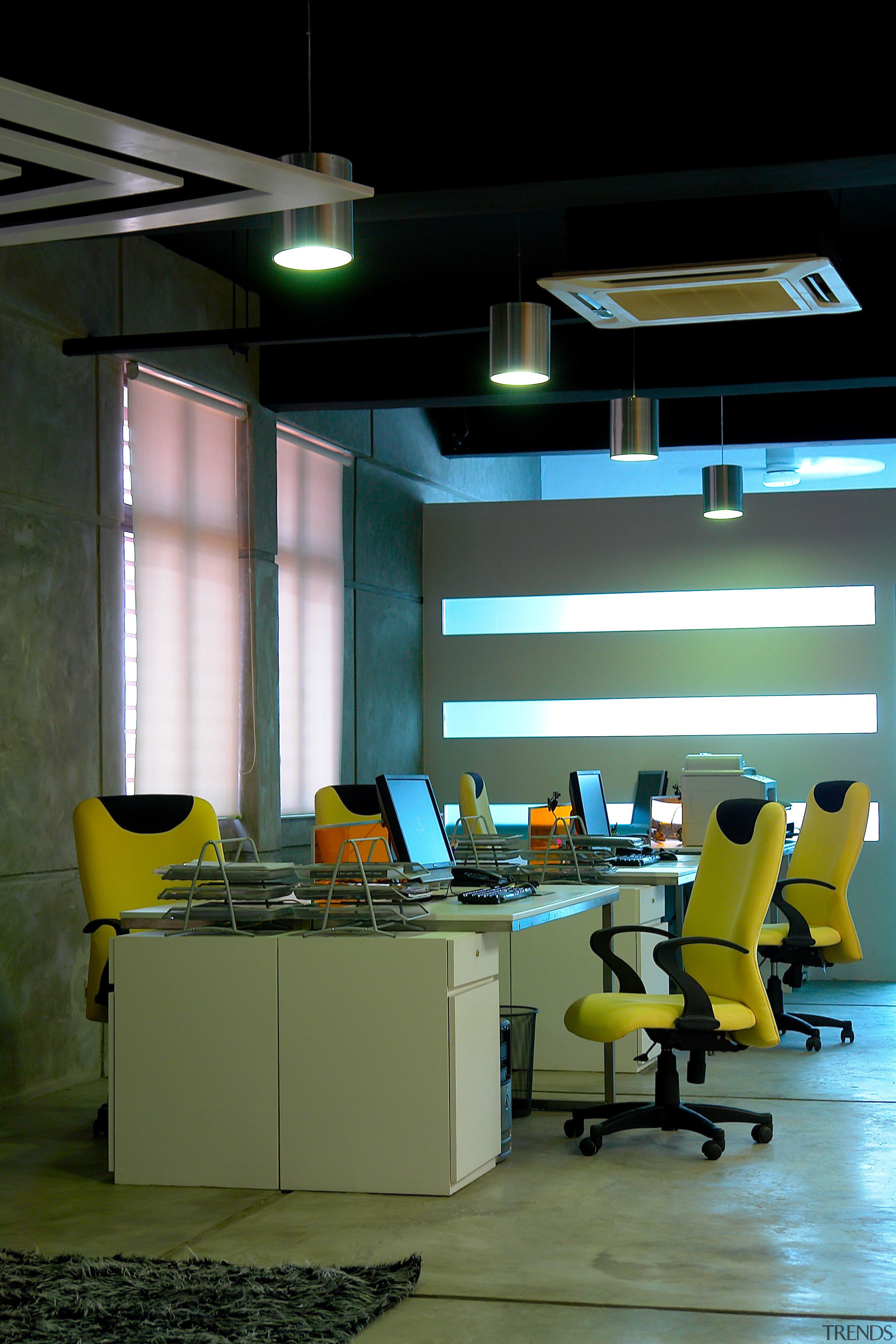 The Boardroom is linked to a chill-out zone, architecture, ceiling, furniture, interior design, lighting, office, product design, black