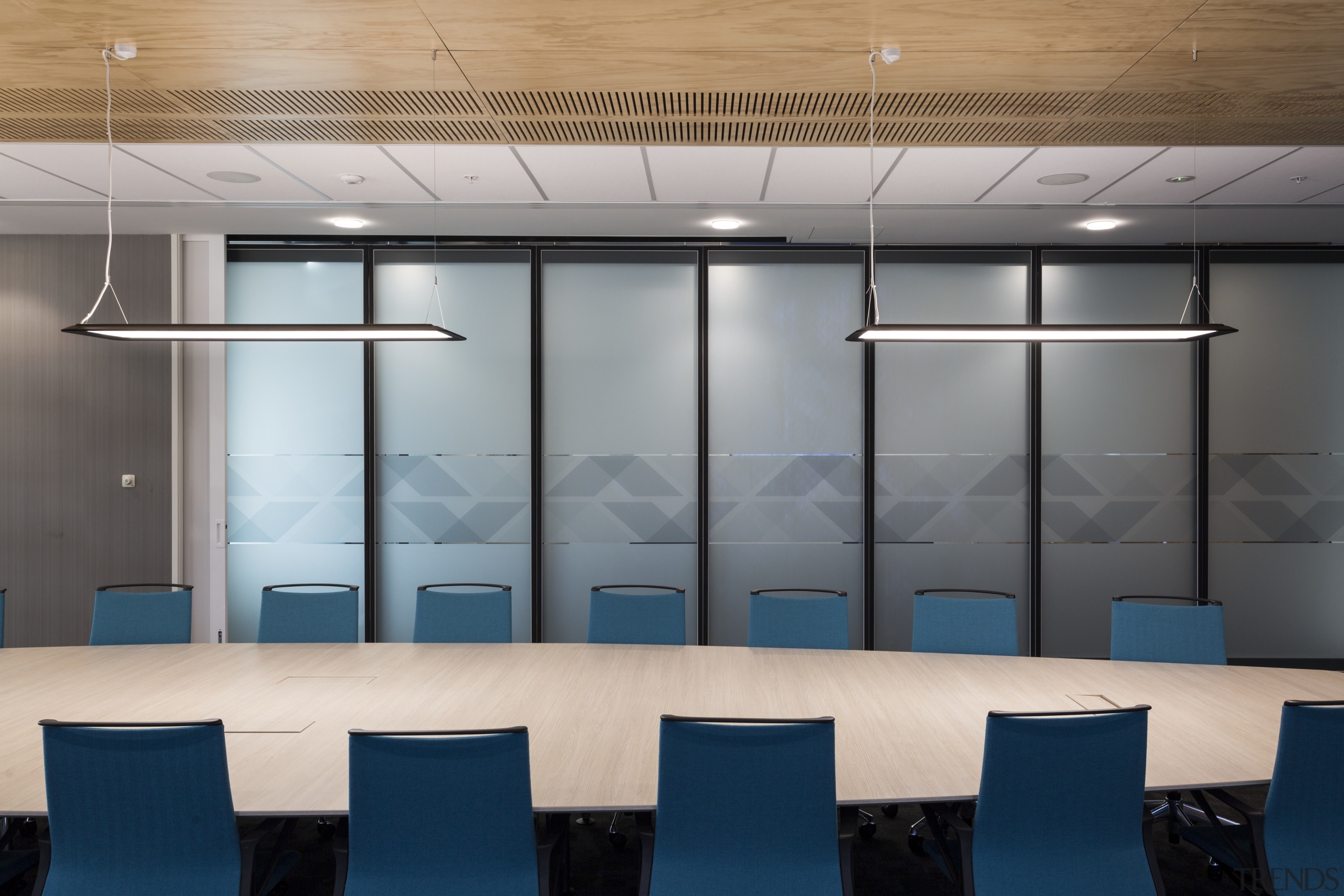 This boardroom in the new Datacom offices offers architecture, ceiling, daylighting, glass, interior design, lobby, office, wall, gray