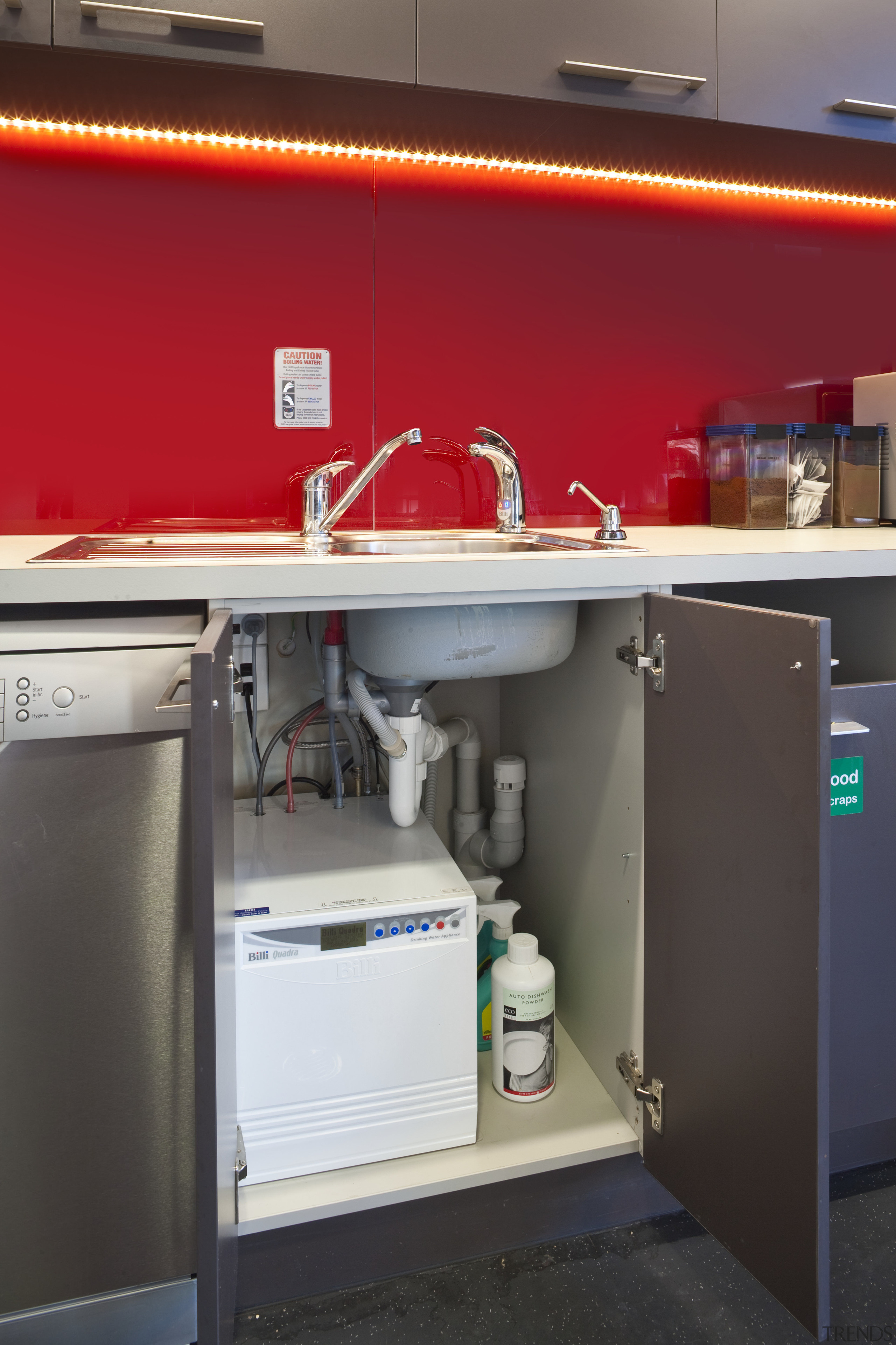 View of the staff kitchen at the BNZ countertop, kitchen, major appliance, product, shelving, red, black