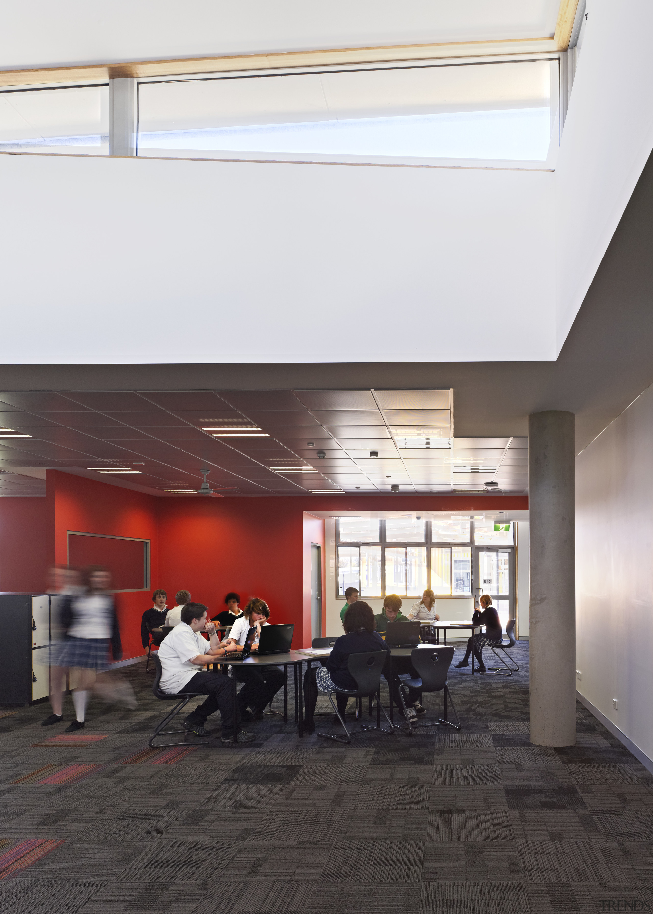 View of seating area with grey carpet and architecture, ceiling, daylighting, floor, interior design, lobby, white, black