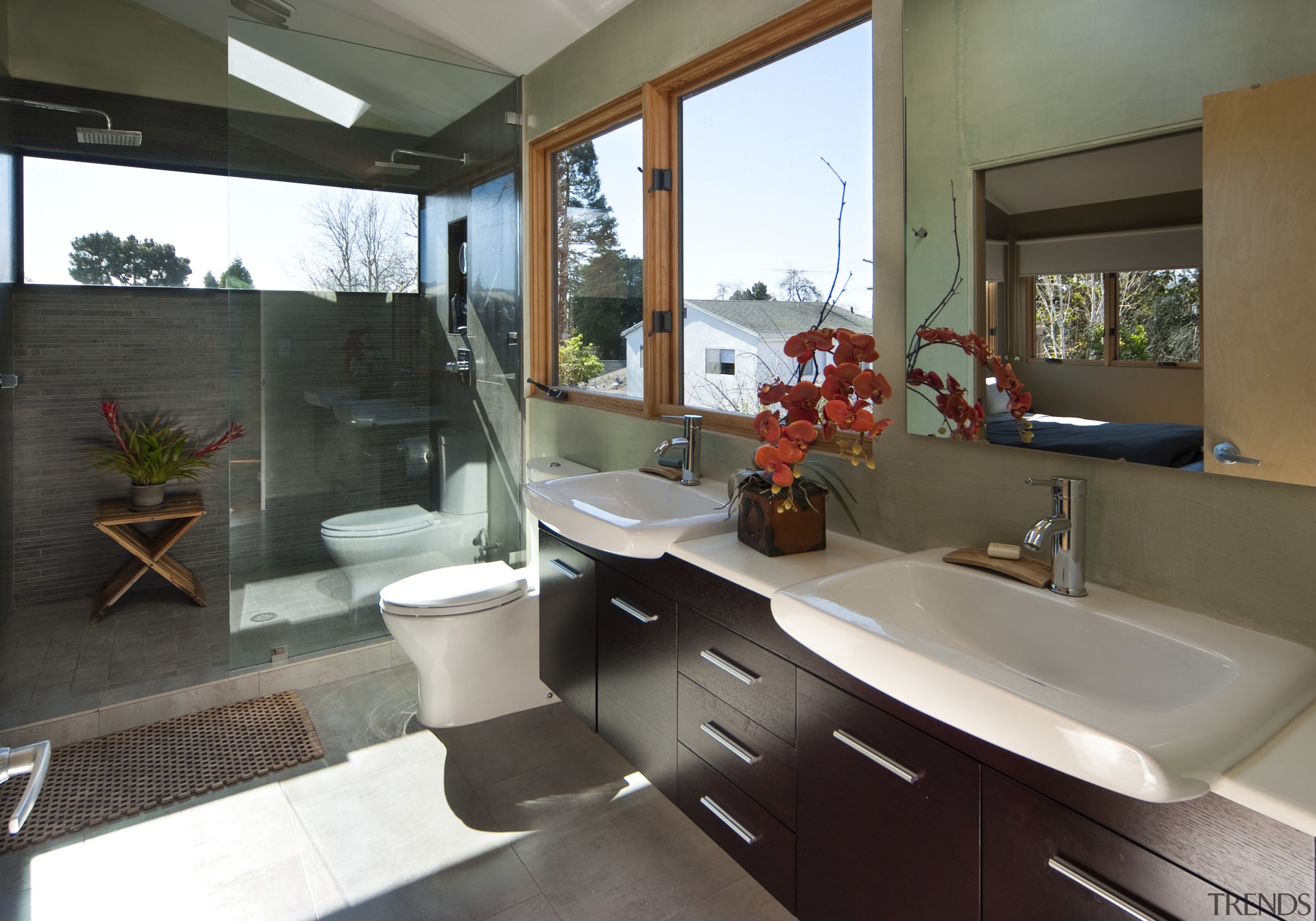 Bathroom with wooden vanity and white benchtop. - bathroom, home, interior design, property, real estate, room, black, gray