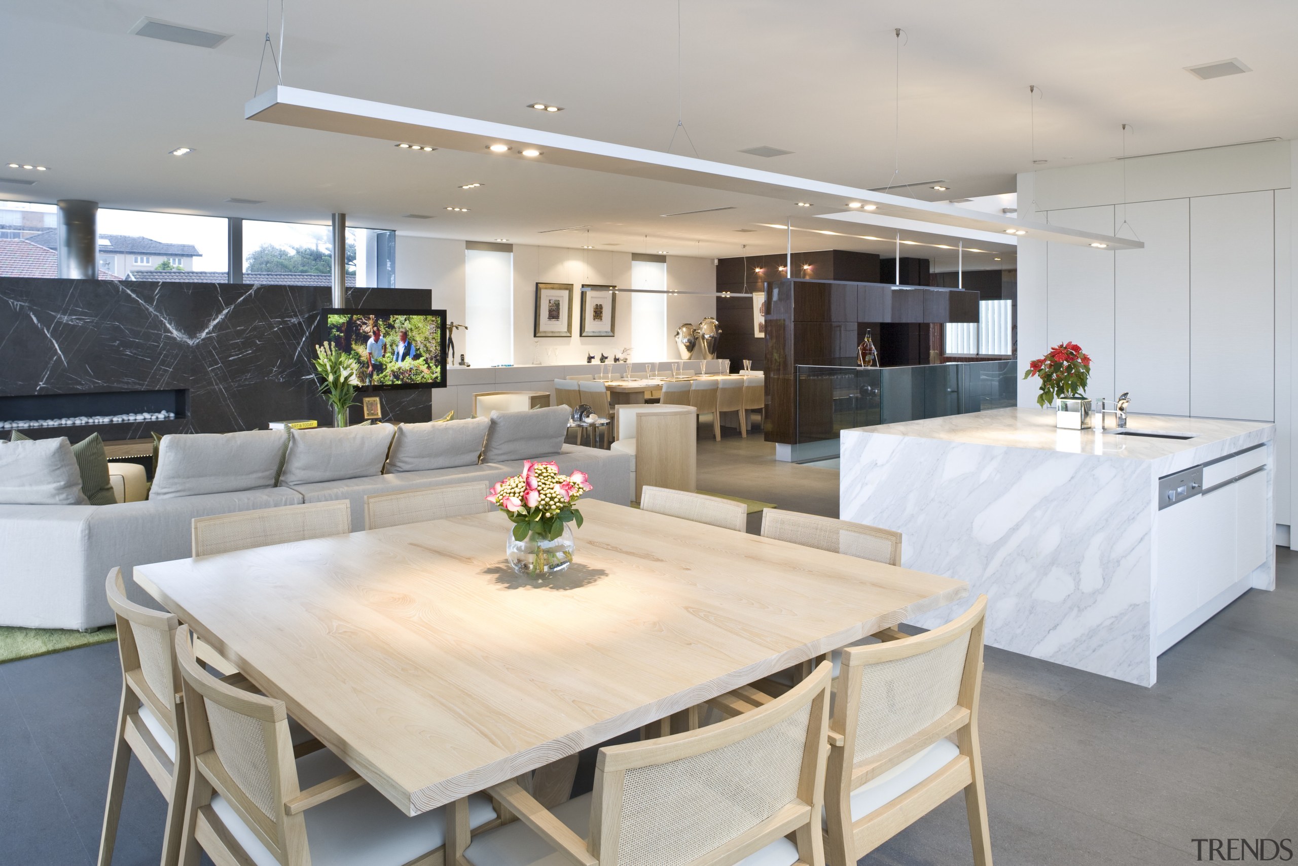 View of the kitchen area which features an countertop, interior design, kitchen, real estate, table, gray