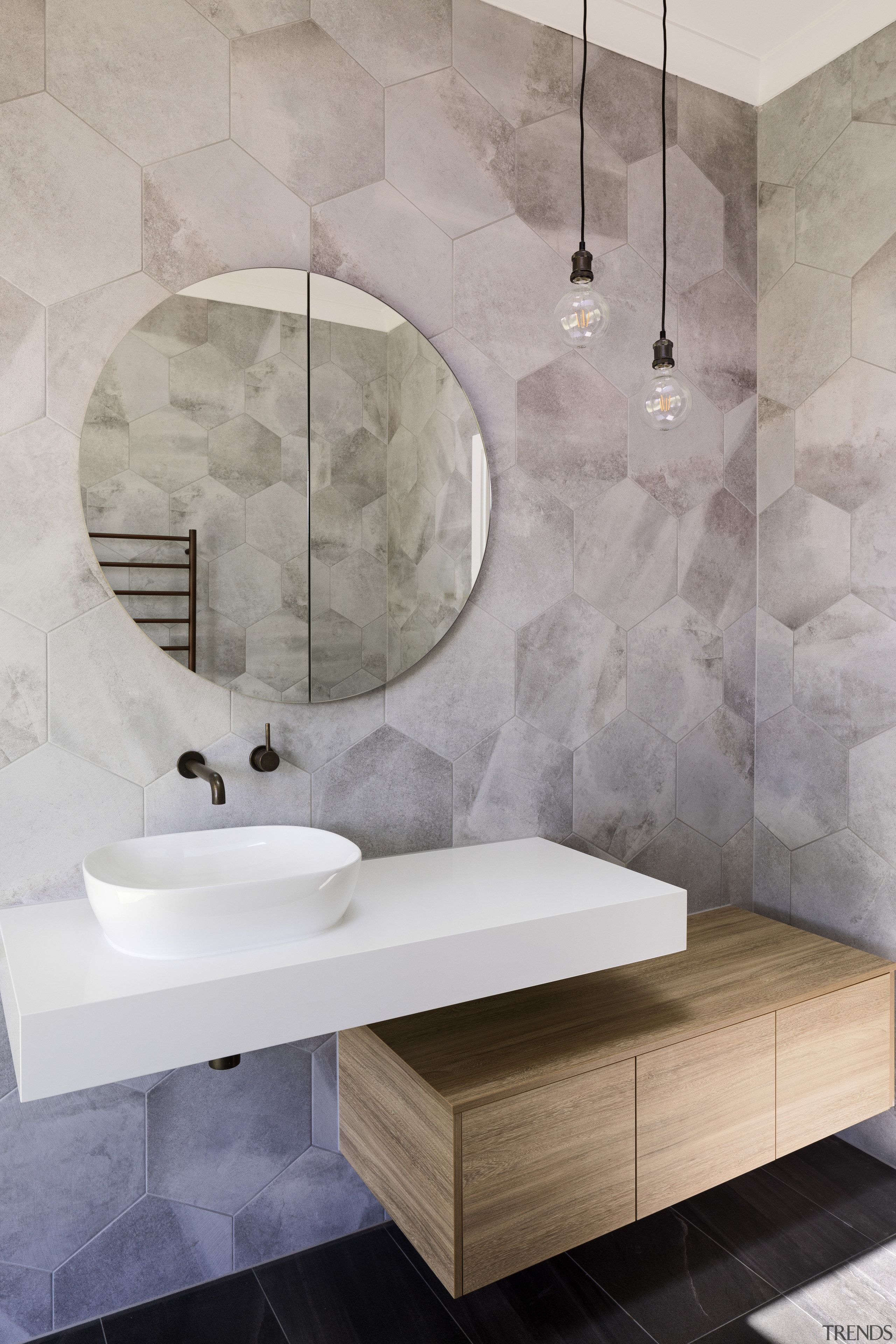 The Laminex Honey Elm Chalk vanity was custom 