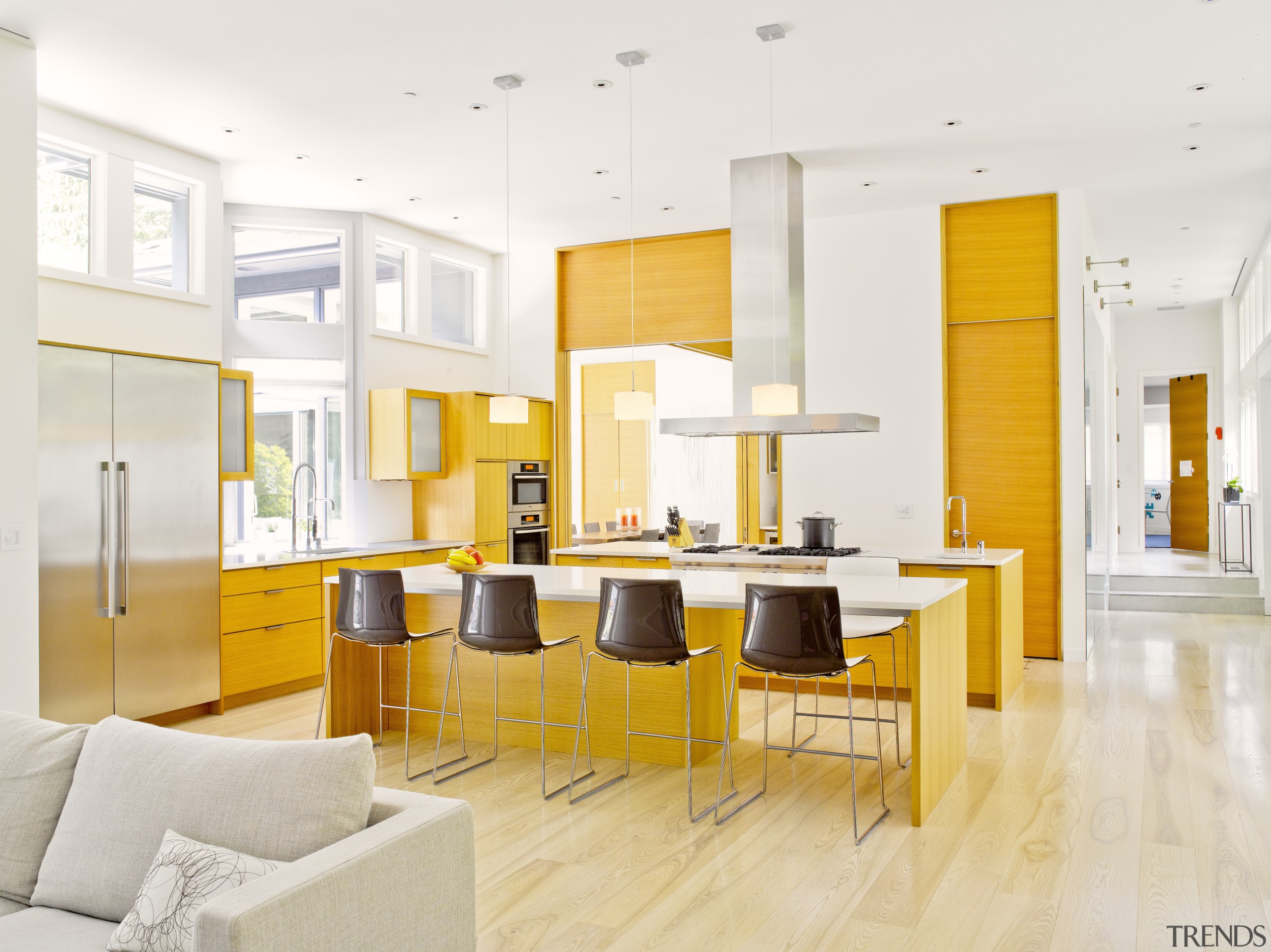 Seen here is a kitchen designed by Geoffrey ceiling, furniture, interior design, living room, lobby, real estate, table, yellow, white, orange