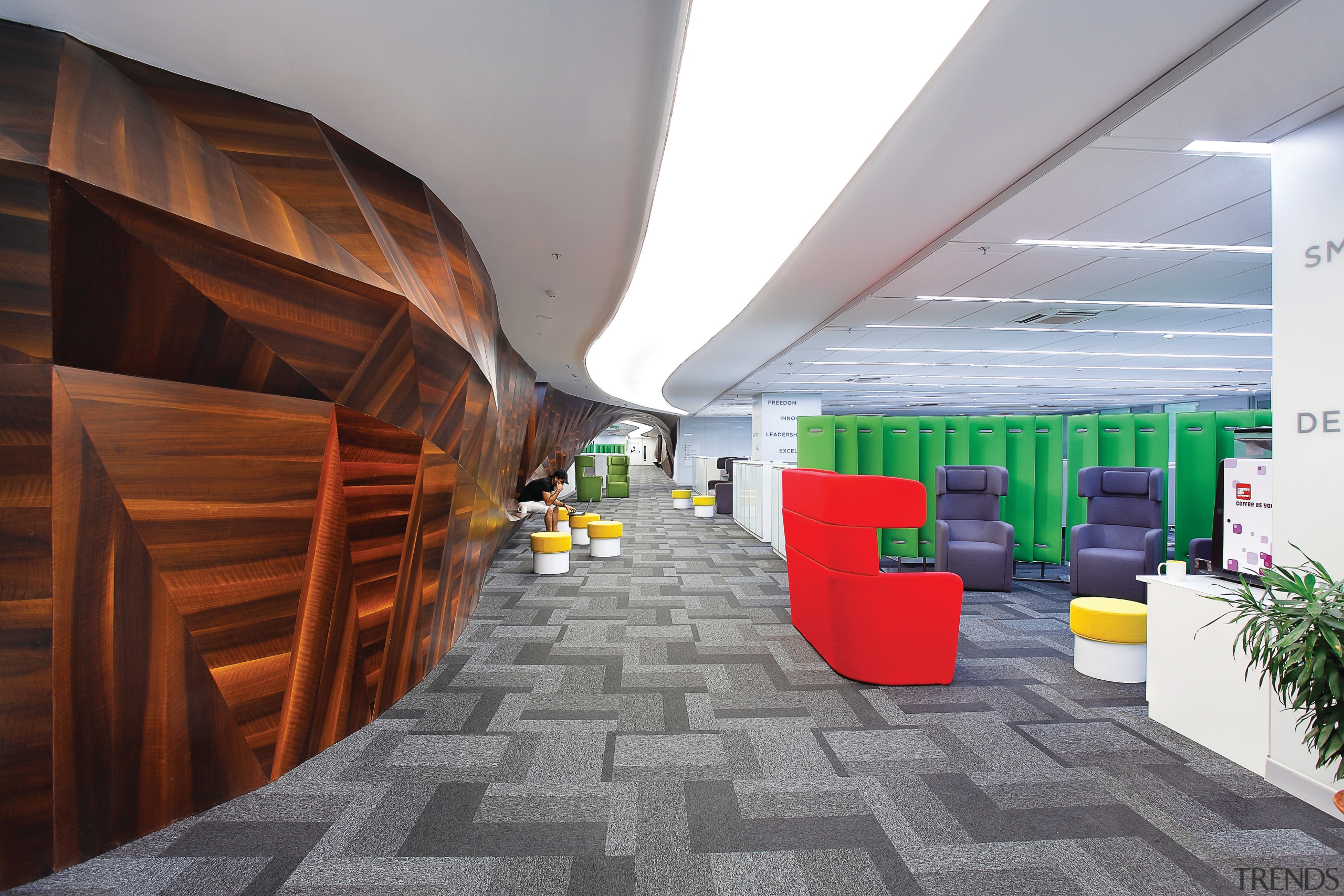 In the Clariant Chemicals office, a long wood architecture, ceiling, daylighting, floor, flooring, interior design, lobby, product design, gray