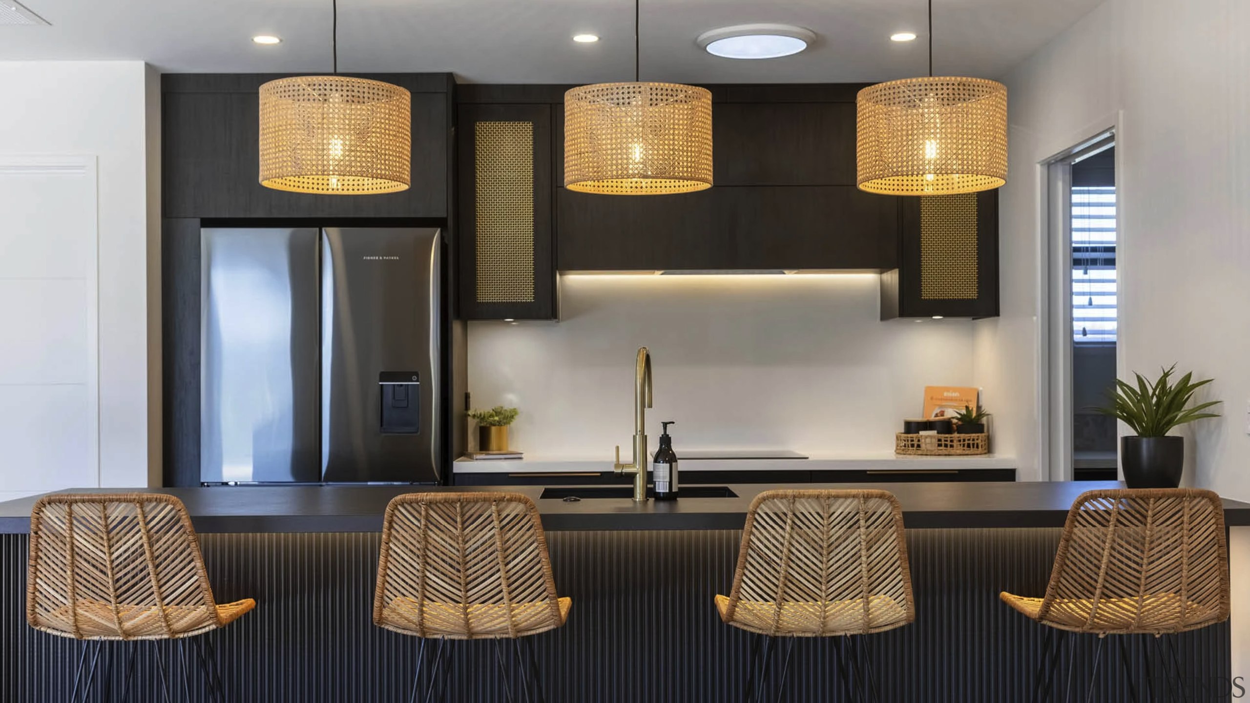 Brass mesh, chic pendants and designer breakfast stools 