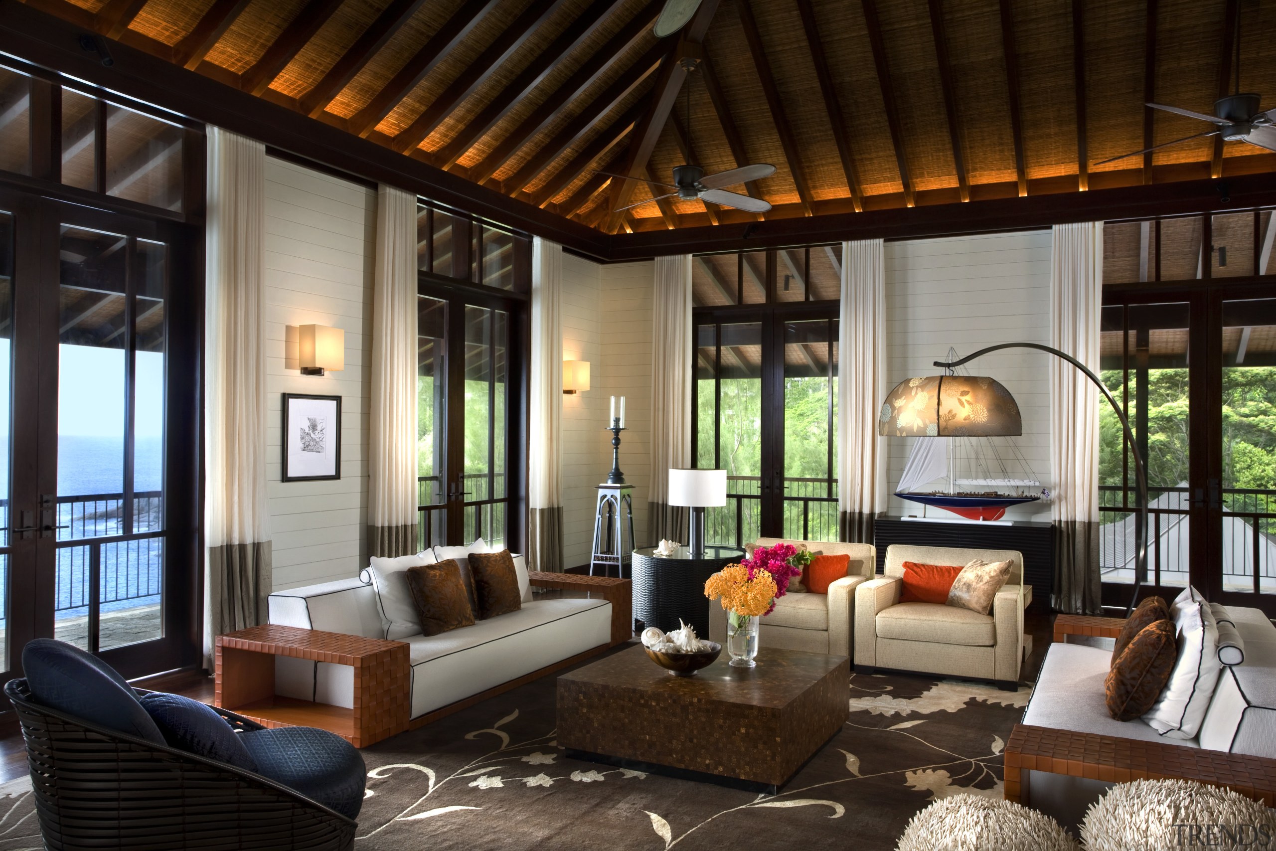 View of Four Seasons Seychelles high-end resort - ceiling, interior design, living room, real estate, room, black