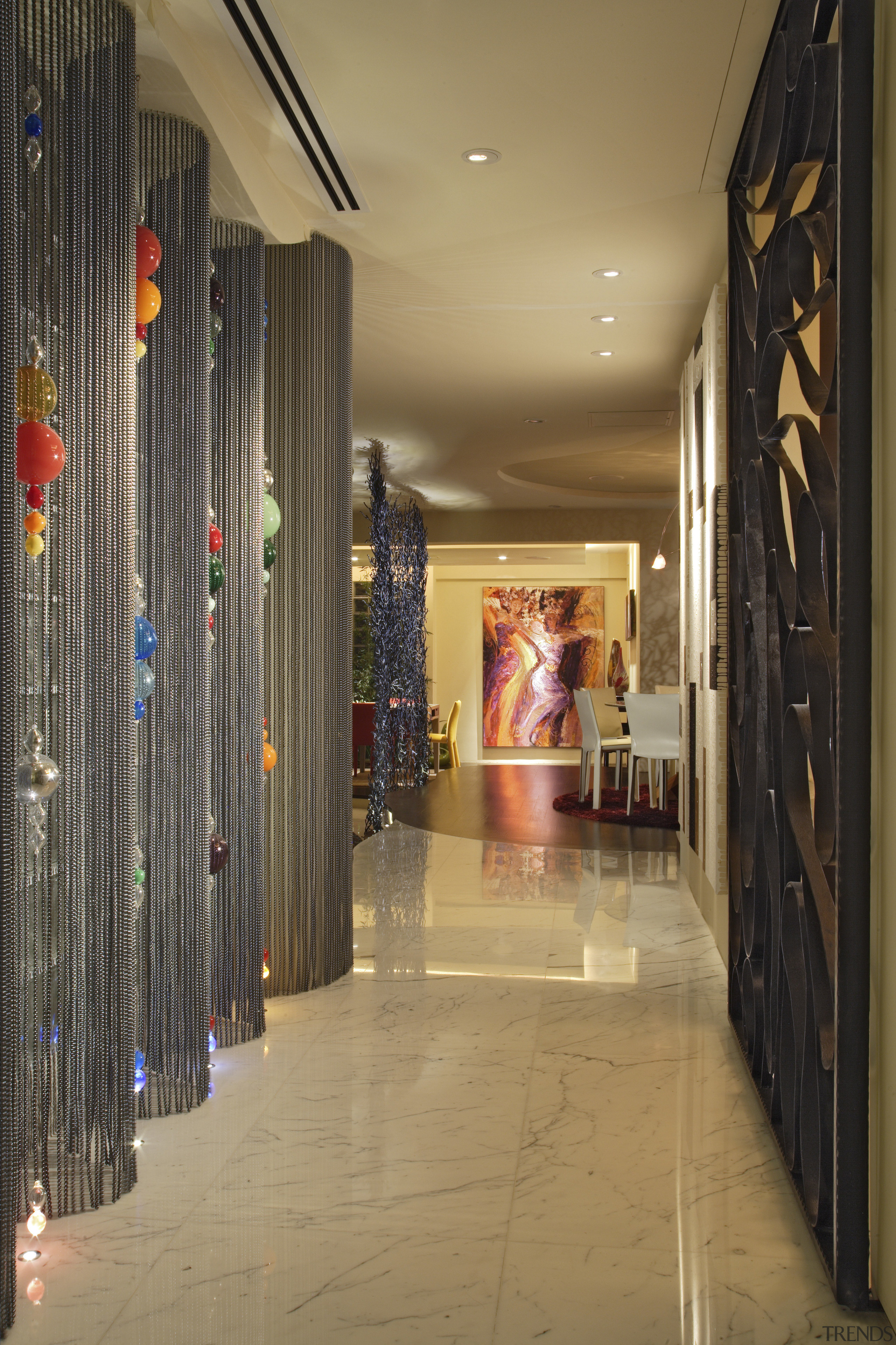 View of a hallway with marble-tiled floors, recessed boutique, ceiling, floor, flooring, interior design, lobby, brown