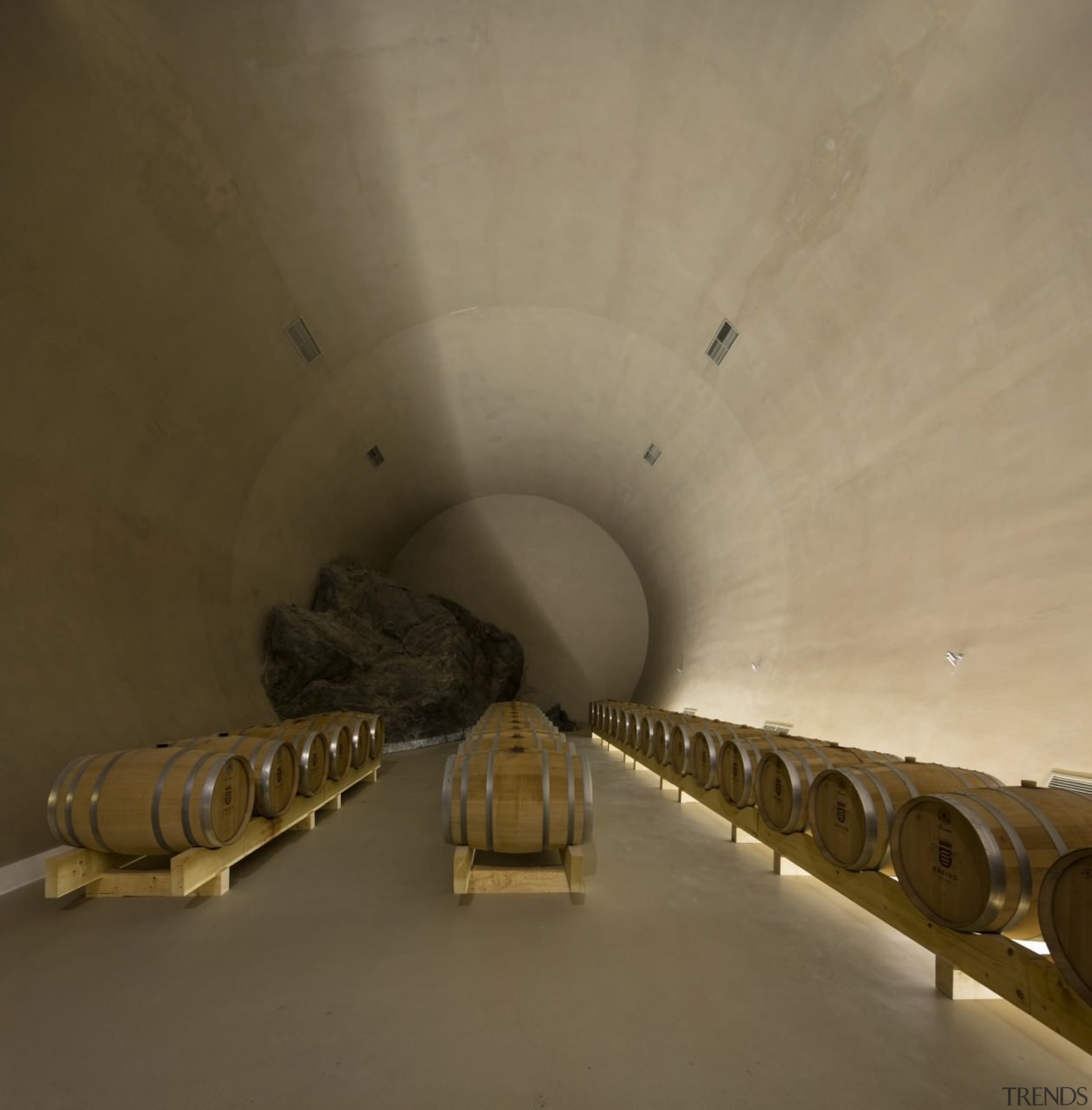 A rock intrudes in this part of the arch, ceiling, fixed link, tunnel, brown