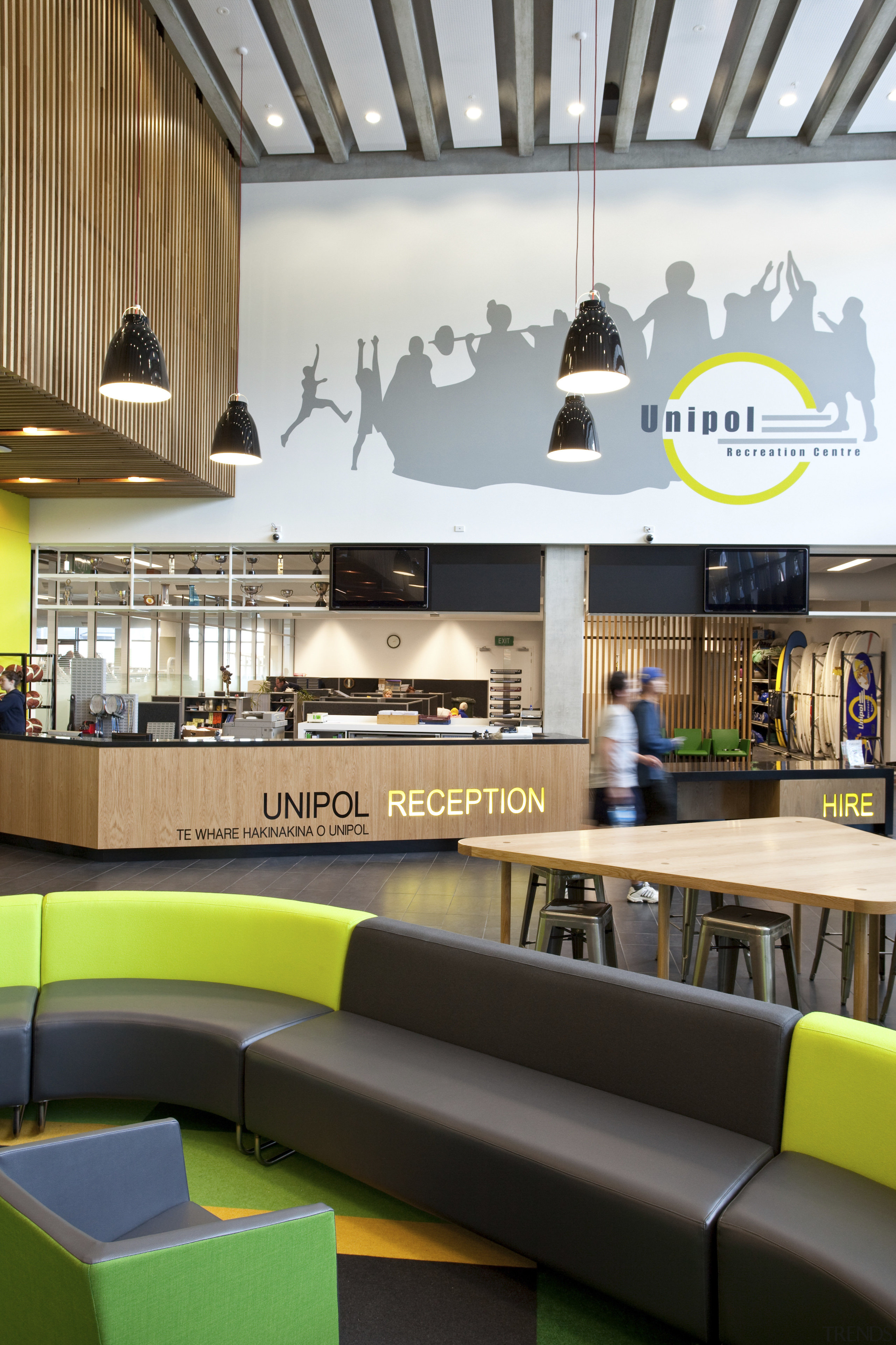 Reception area with black and lime booth seating. interior design, lobby, white