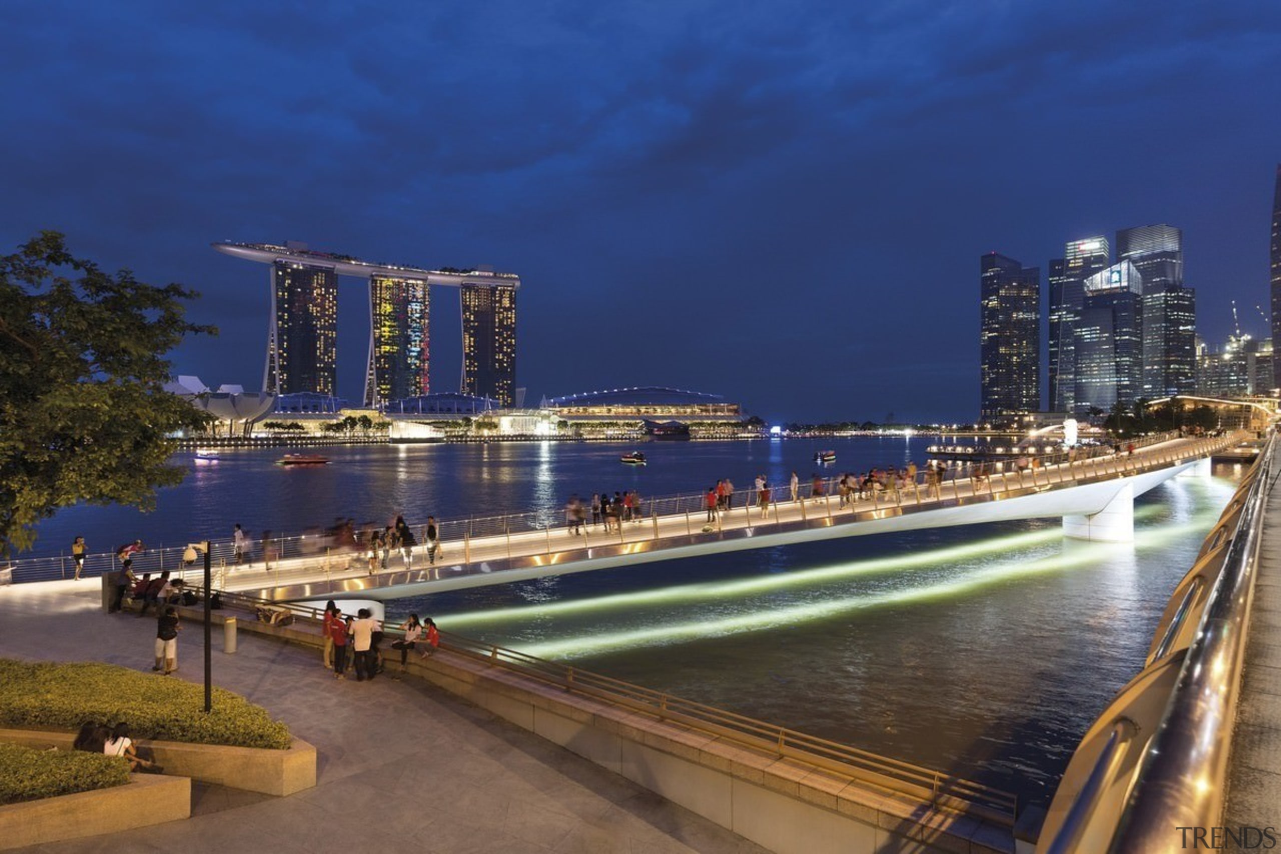 Jubilee Bridge – Cox Architecture - Jubilee Bridge bridge, city, cityscape, evening, marina, metropolis, metropolitan area, night, river, sky, skyline, water, waterway, blue