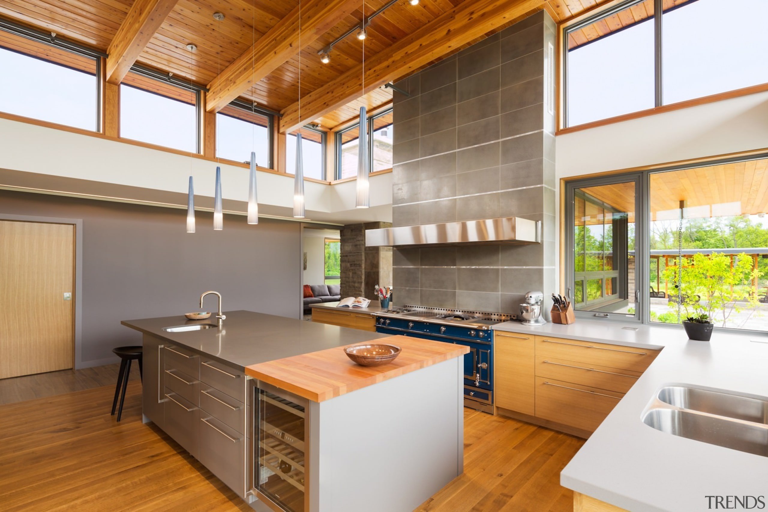 Substantial clerestory windows wrap around the living area architecture, countertop, daylighting, house, interior design, kitchen, real estate, brown, white