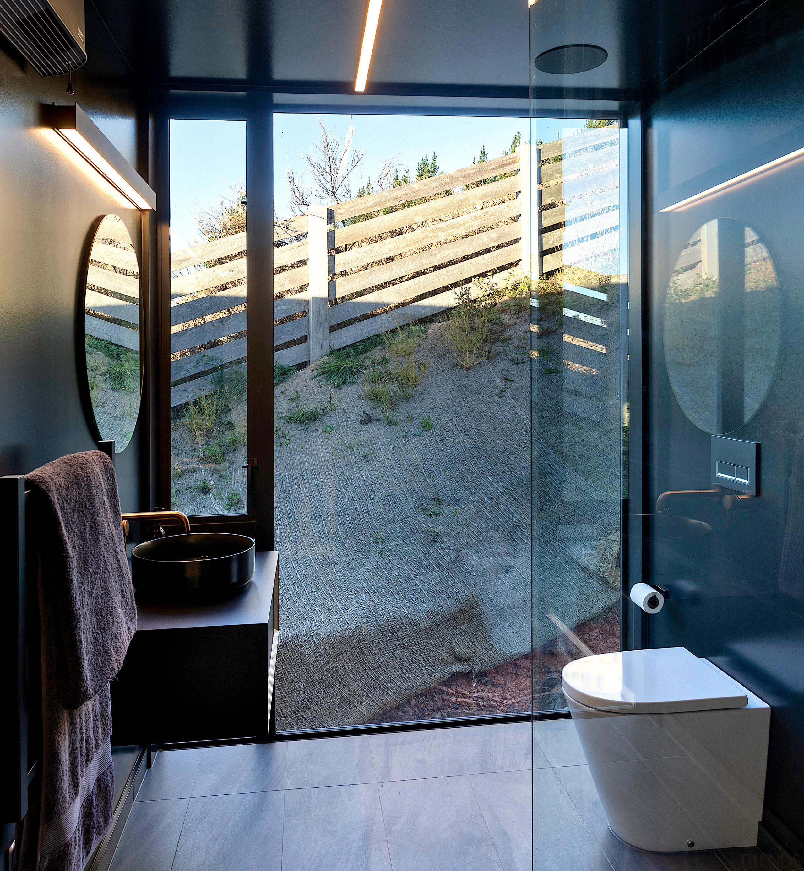 Touches like a cantilevered vanity and glass shower 