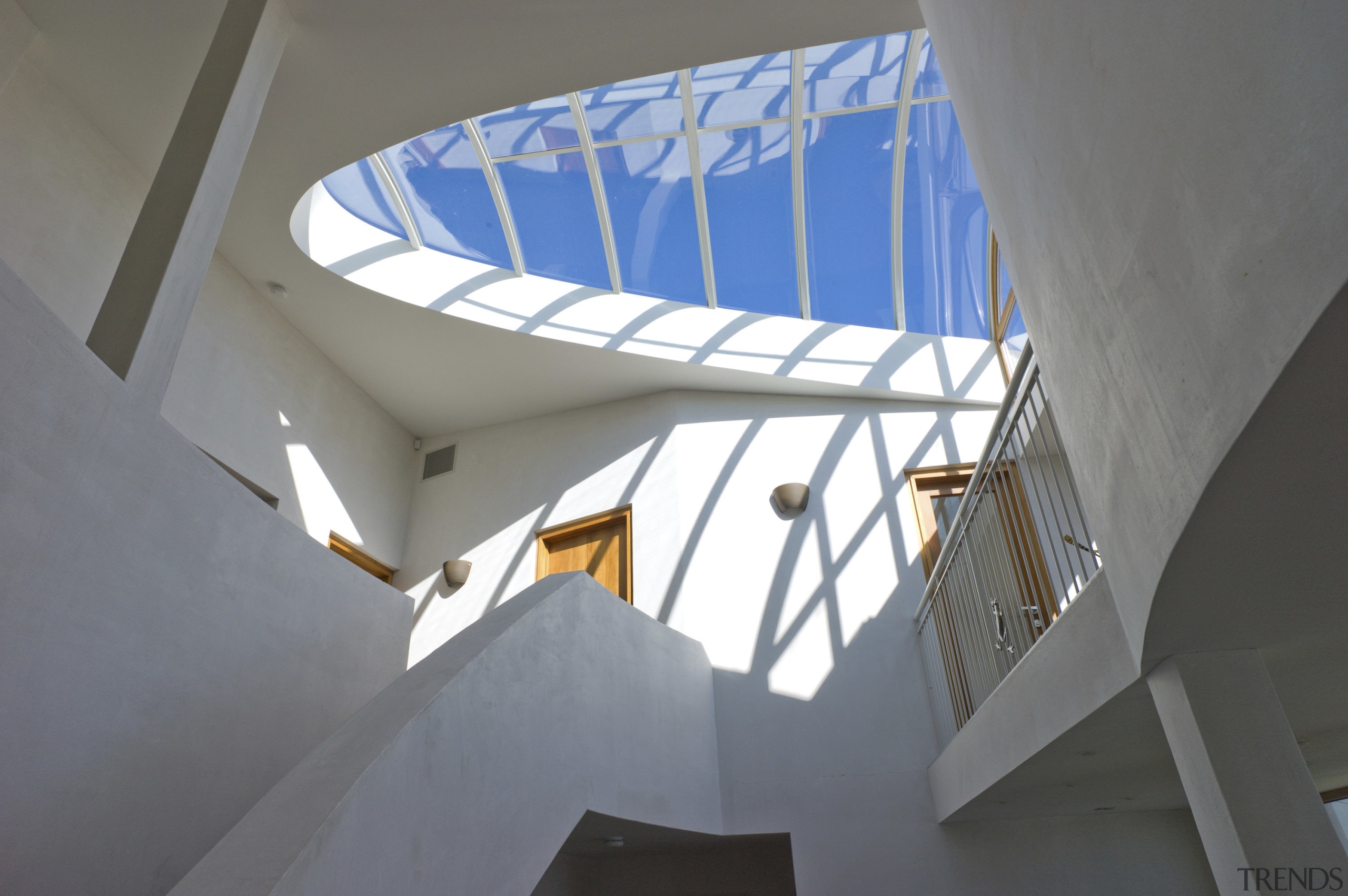 Here is a view of a new innovative architecture, ceiling, daylighting, daytime, house, product design, stairs, structure, gray