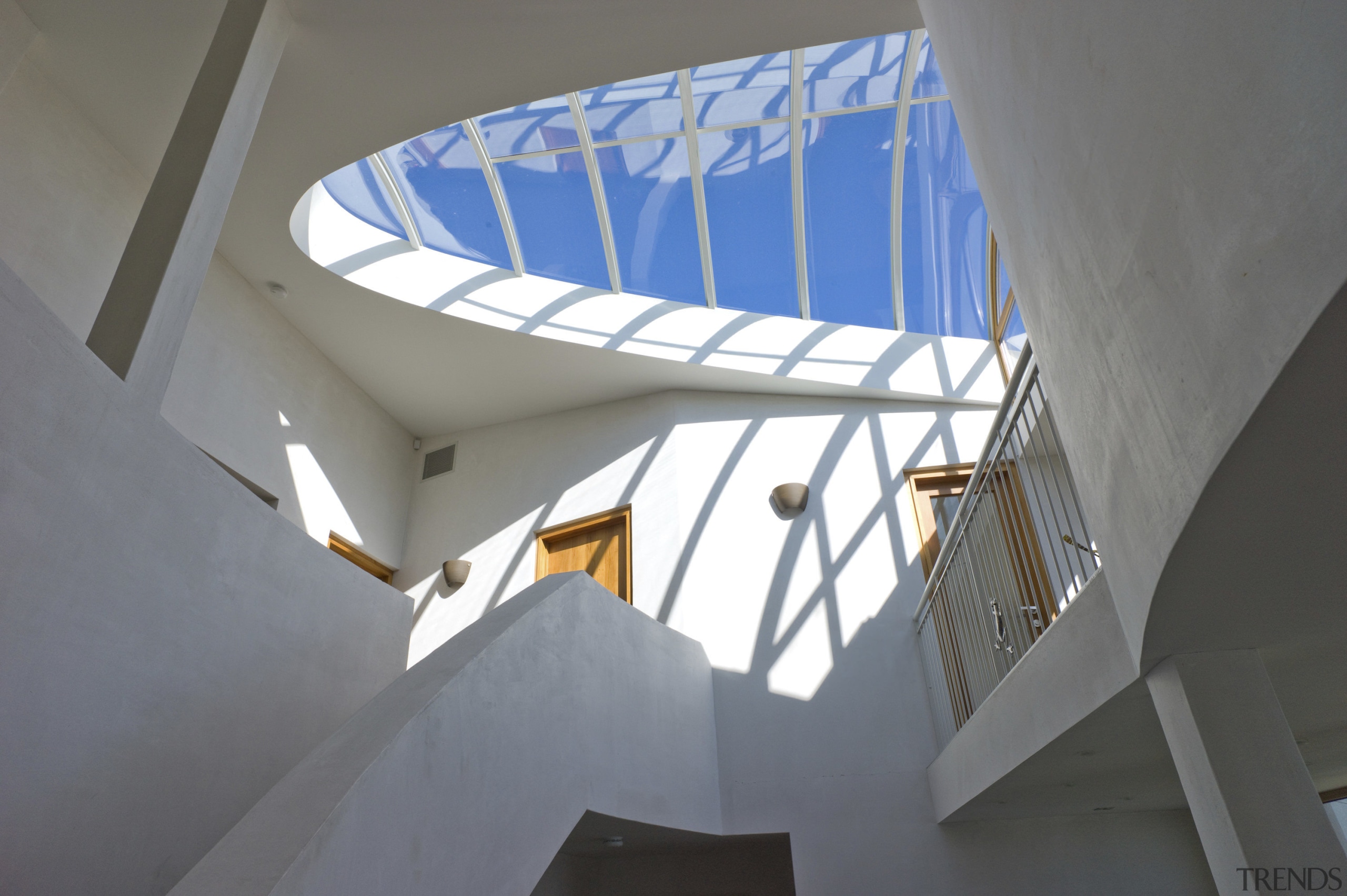 Here is a view of a new innovative architecture, ceiling, daylighting, daytime, house, product design, stairs, structure, gray