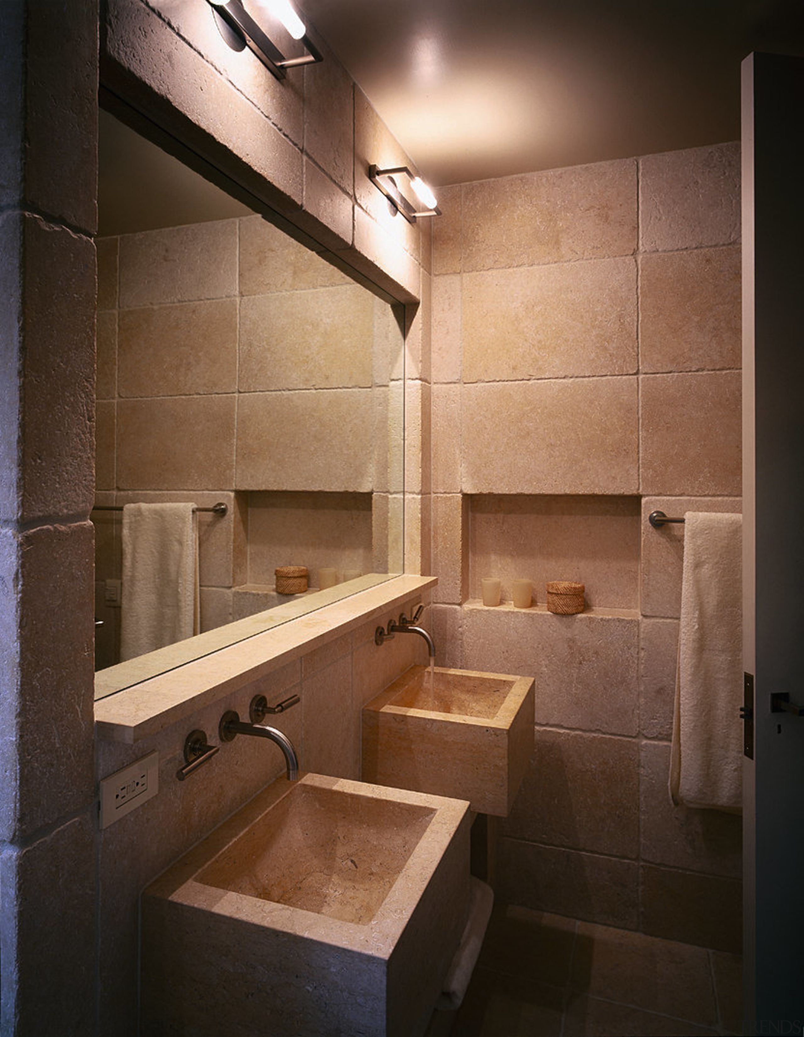 View of the basins within the guest bathroom architecture, bathroom, interior design, plumbing fixture, room, sink, tile, black, brown