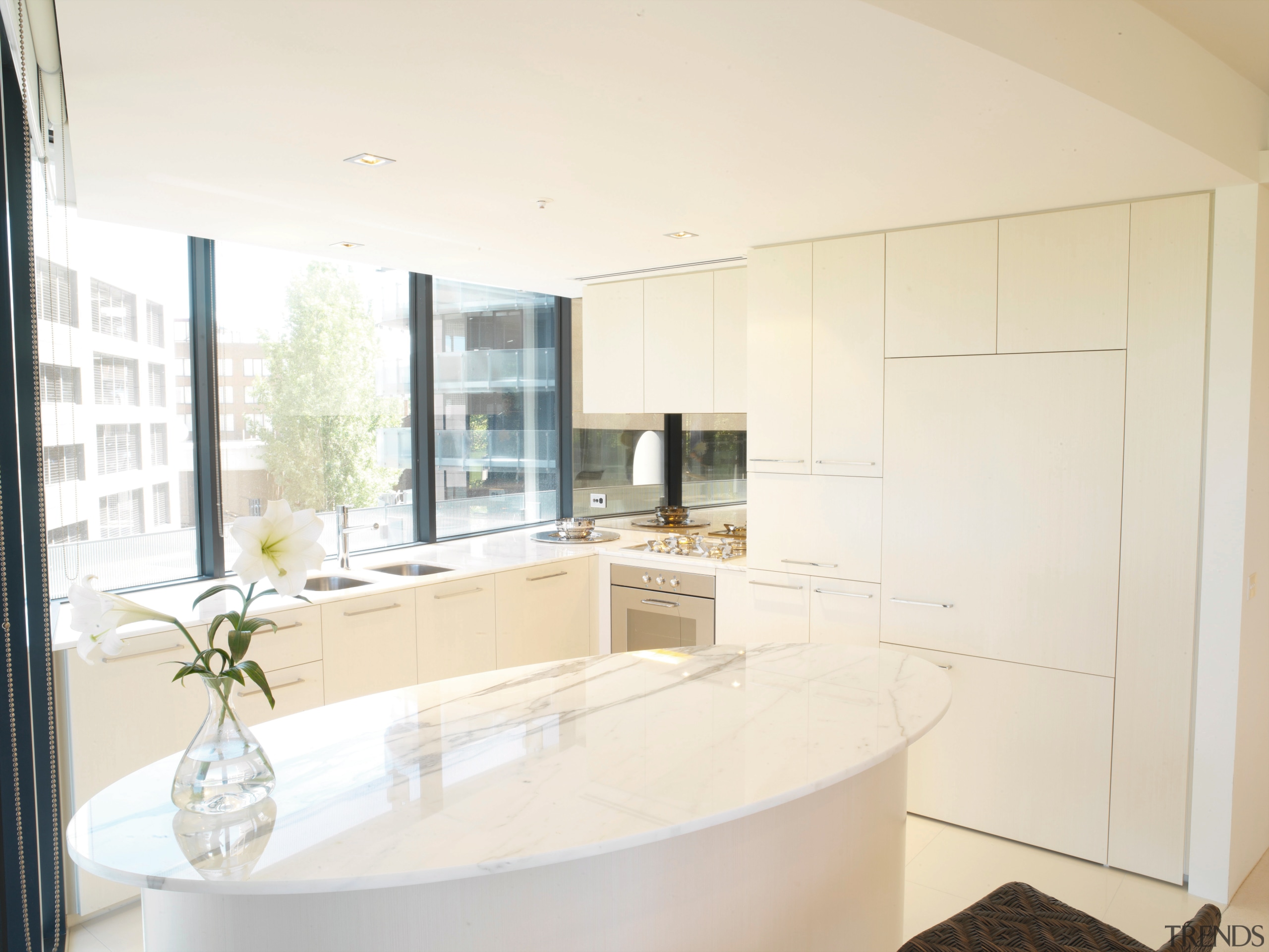 Kitchen with light coloured cabinetry with integrated hood countertop, home, interior design, kitchen, property, real estate, room, white