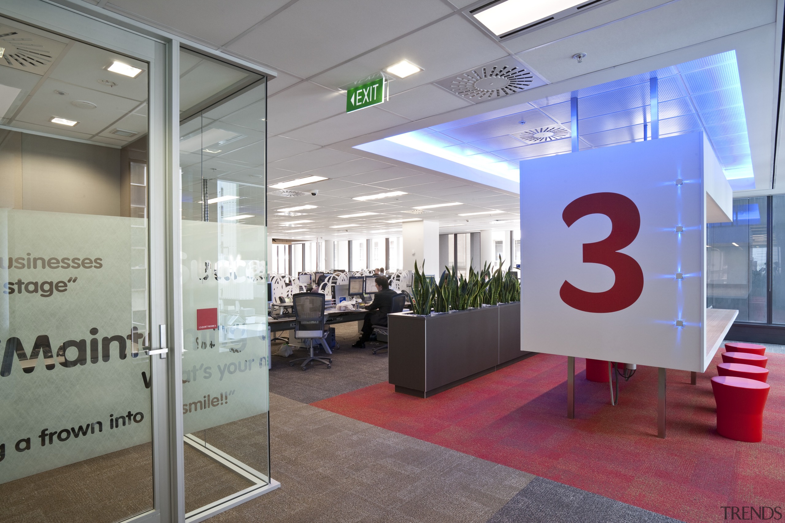 The offices of BNZ feature a combination of institution, interior design, office, gray