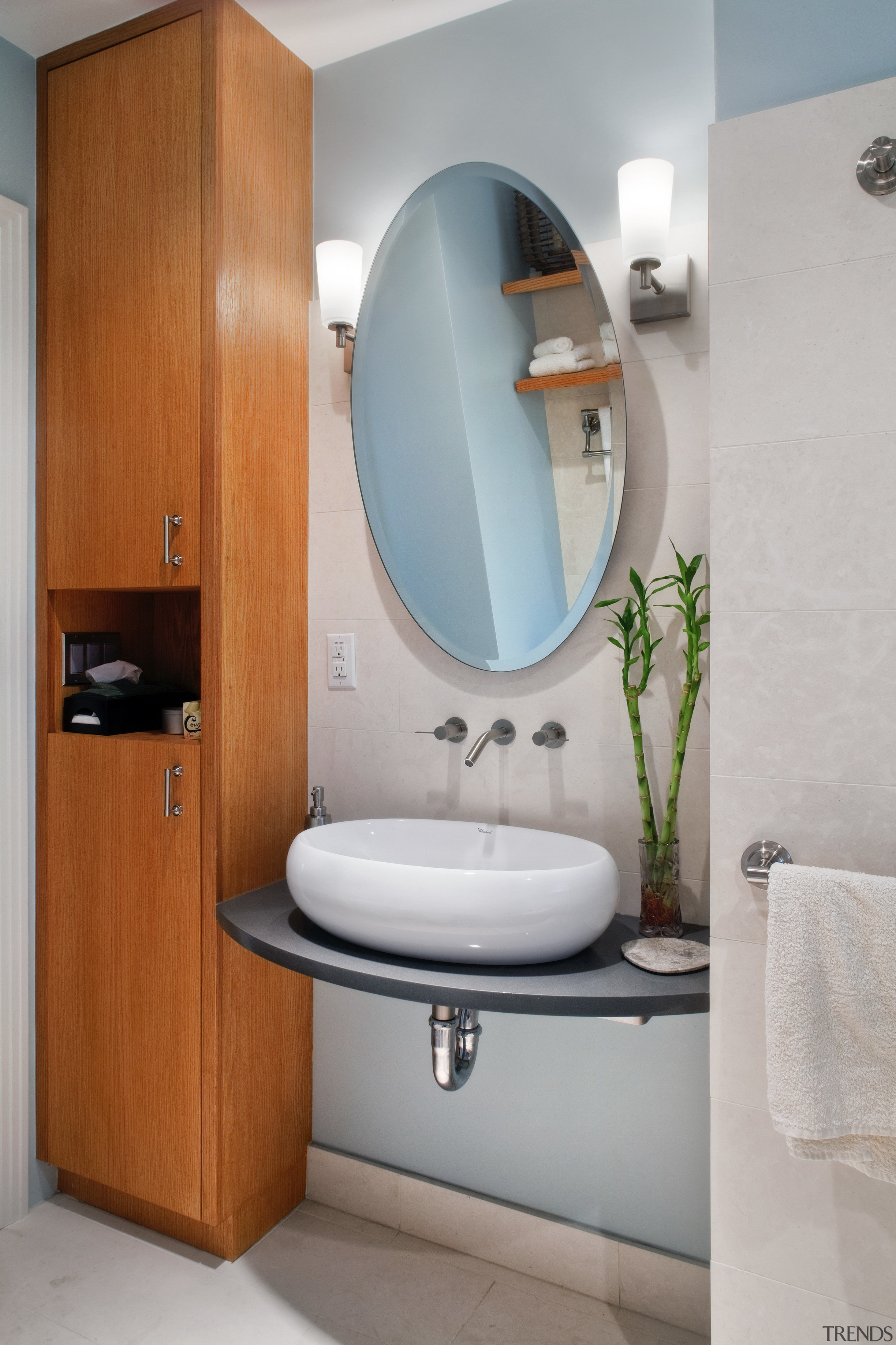 View of bathroom with blue wall, contemporary rectangular bathroom, bathroom accessory, bathroom cabinet, interior design, plumbing fixture, product design, room, sink, toilet, toilet seat, gray