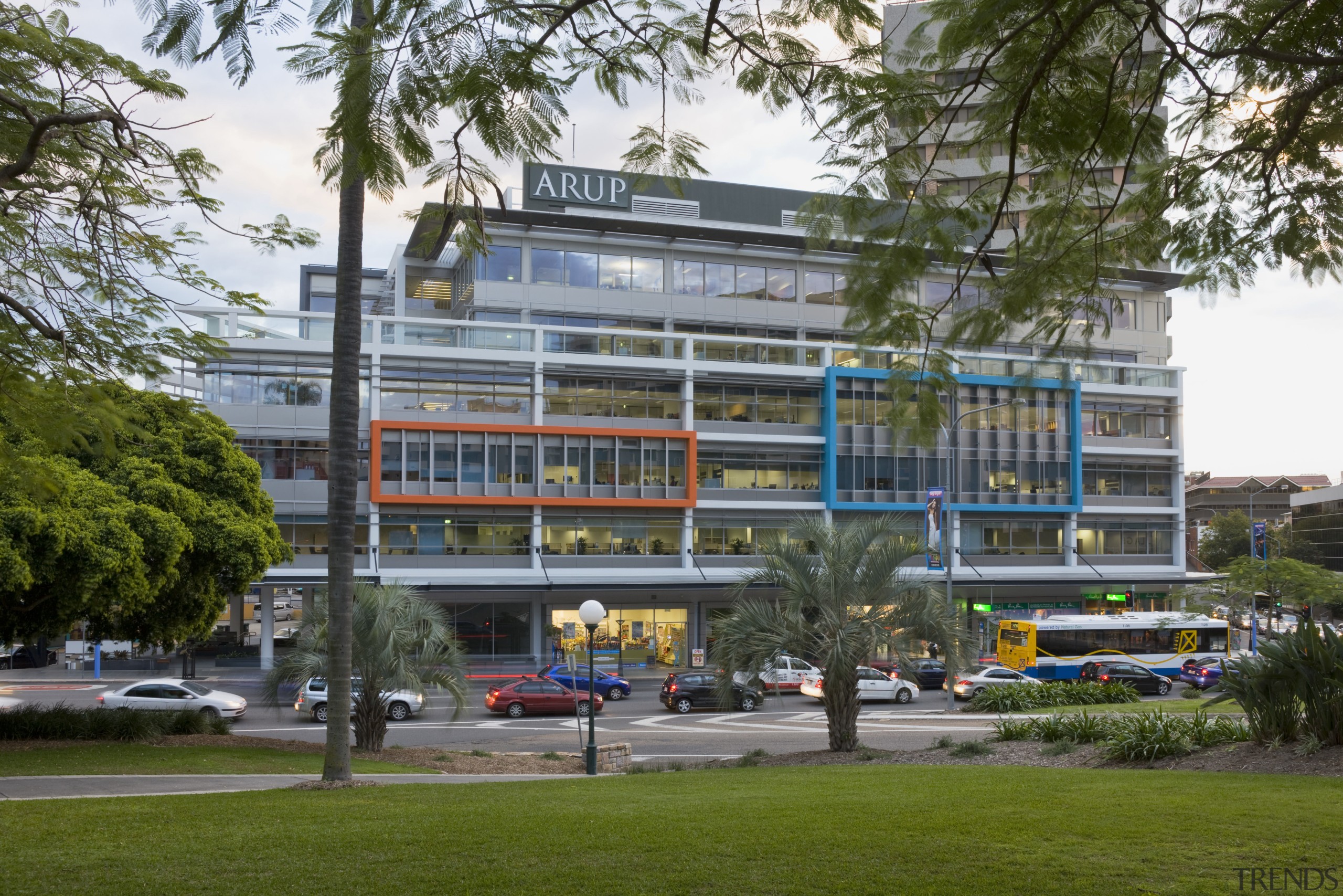 Image of the Centenary Square offices in Brisbane architecture, building, city, commercial building, condominium, corporate headquarters, metropolitan area, mixed use, neighbourhood, plant, real estate, tree, brown, gray