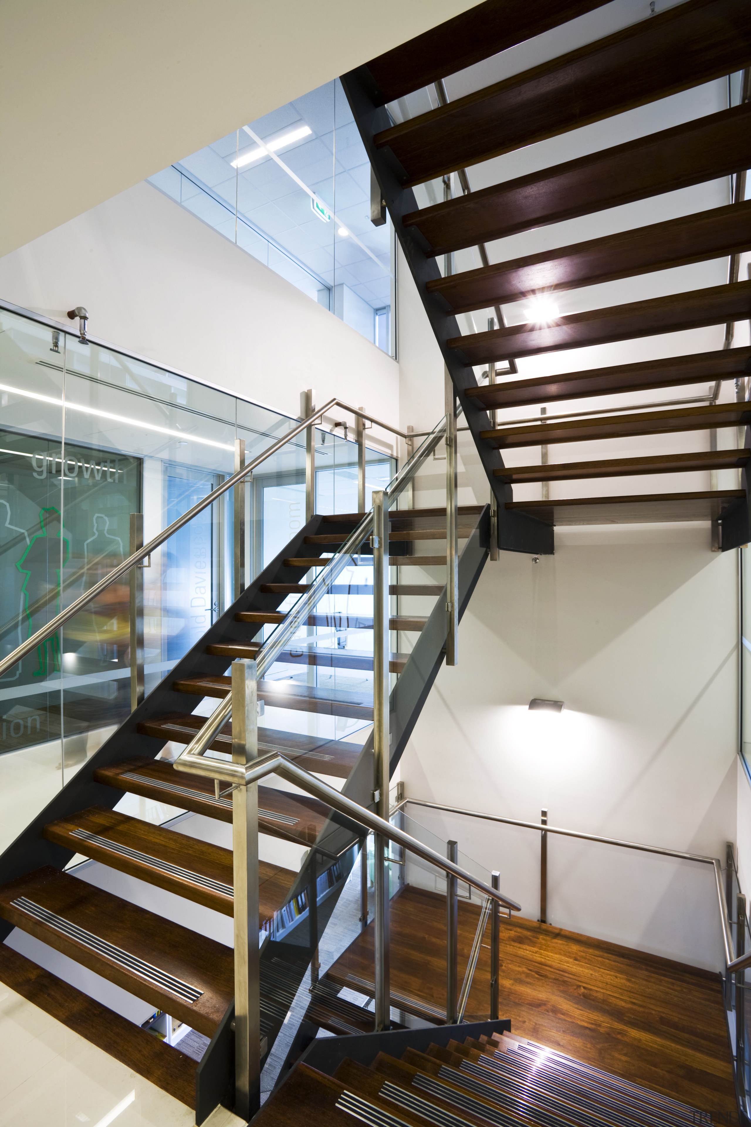 Harry Poulos Architecture created the interiors of the architecture, building, condominium, daylighting, glass, handrail, interior design, real estate, stairs, structure, gray, brown