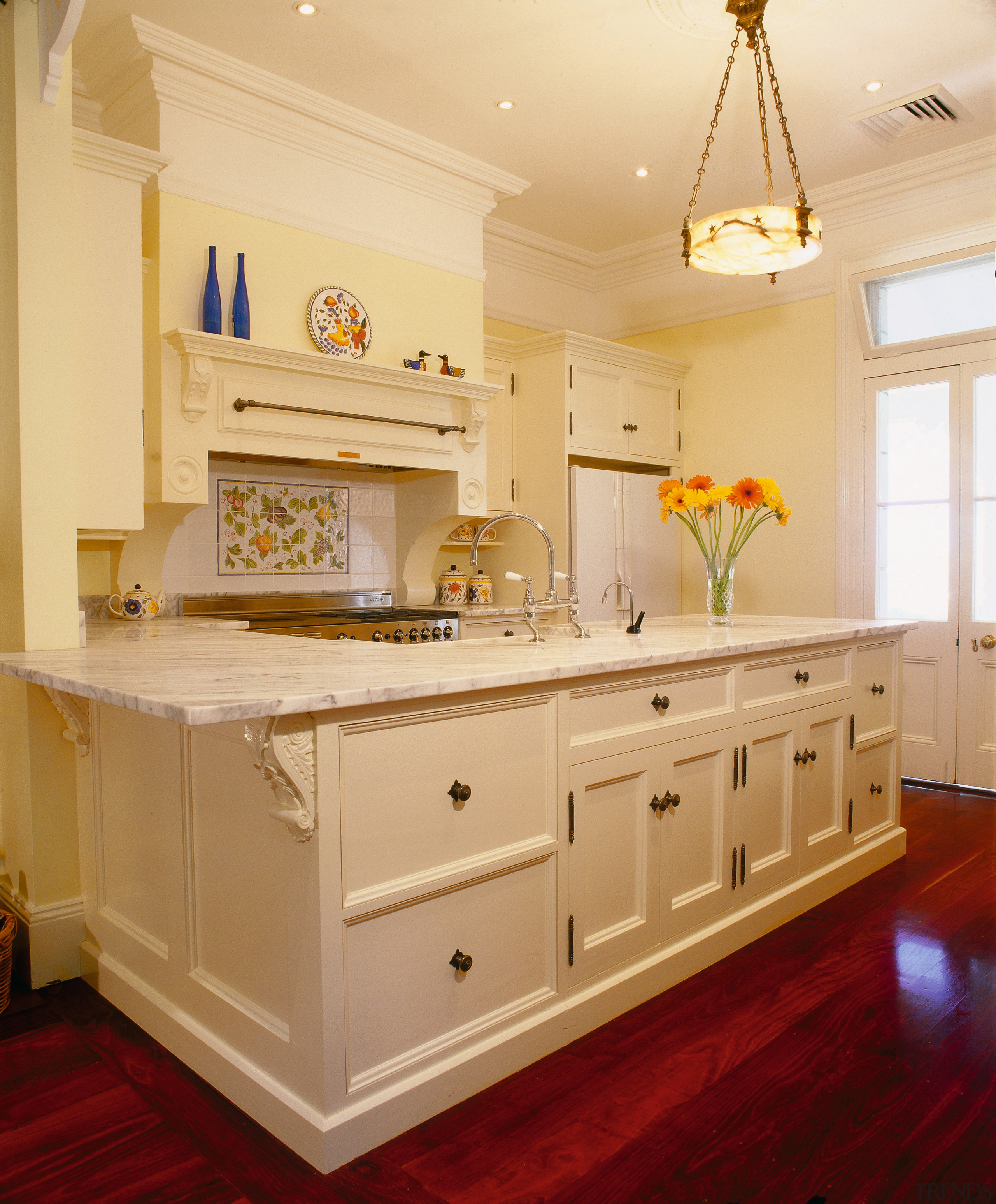 view of the one off custom designed kitchen cabinetry, ceiling, countertop, cuisine classique, floor, flooring, home, interior design, kitchen, room, sink, orange