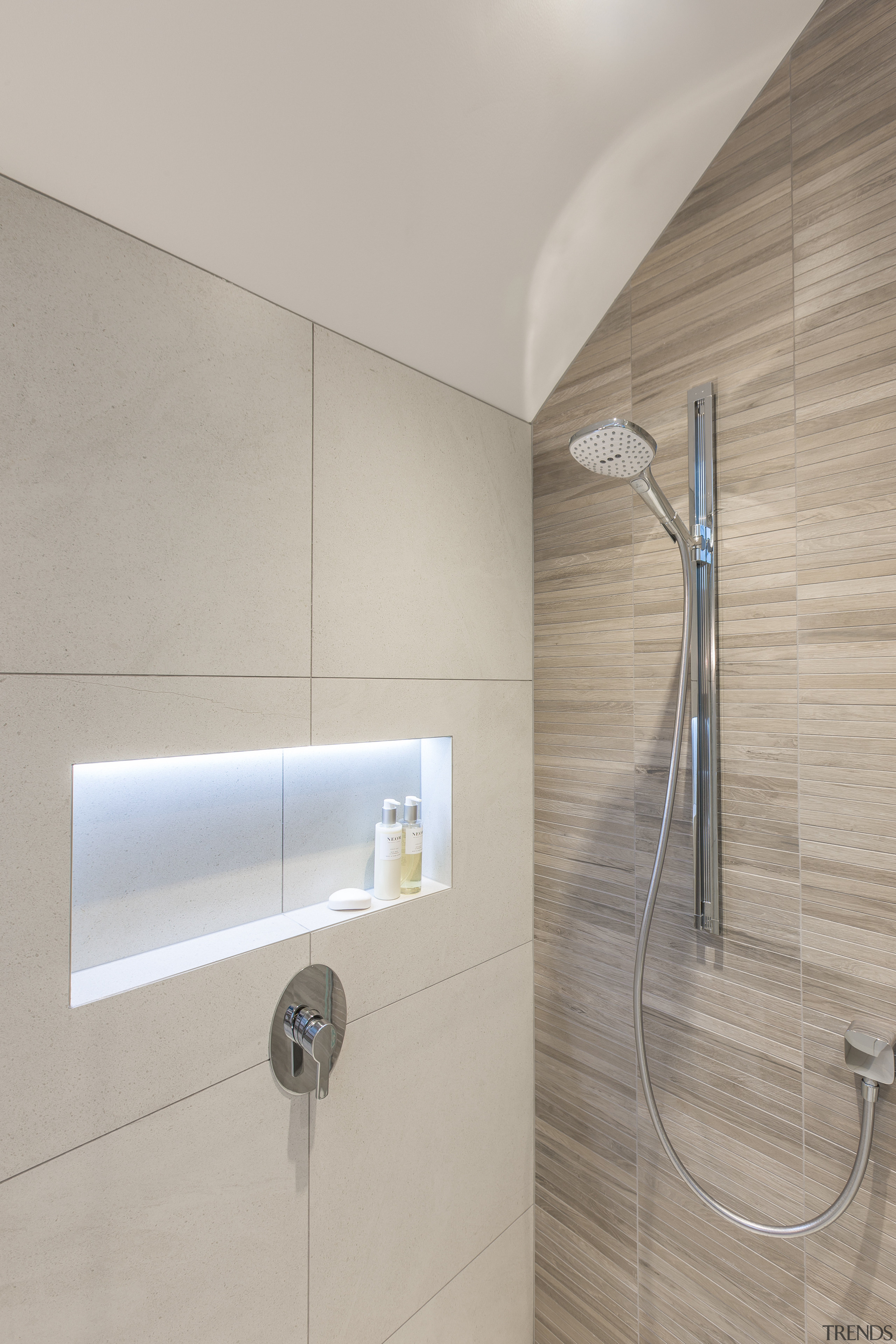 Simple touches like internally lit wall niches both angle, bathroom, floor, interior design, plumbing fixture, product design, tap, tile, wall, gray