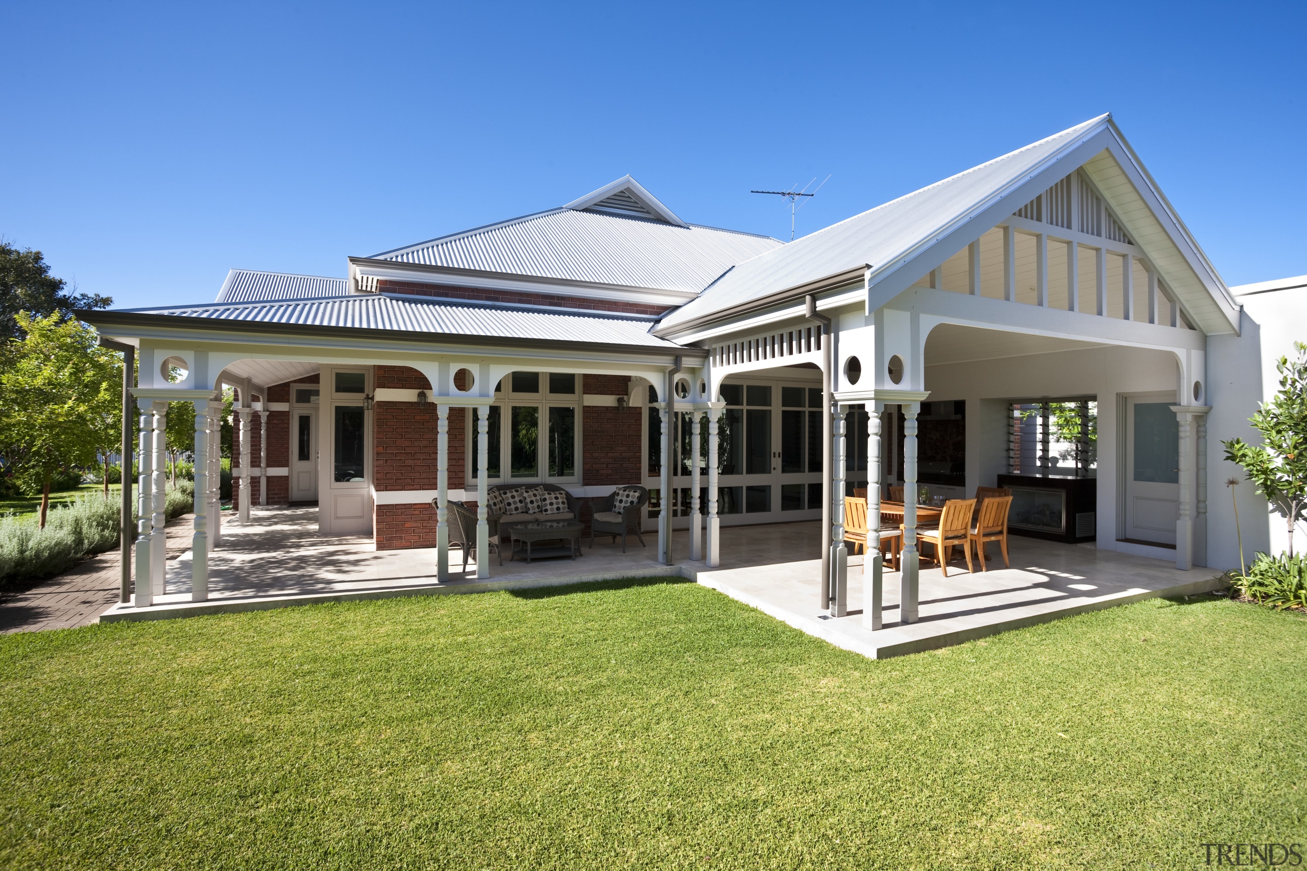 Outdoor view of home and surrounding area. - cottage, elevation, estate, facade, farmhouse, home, house, orangery, property, real estate, villa, window, teal