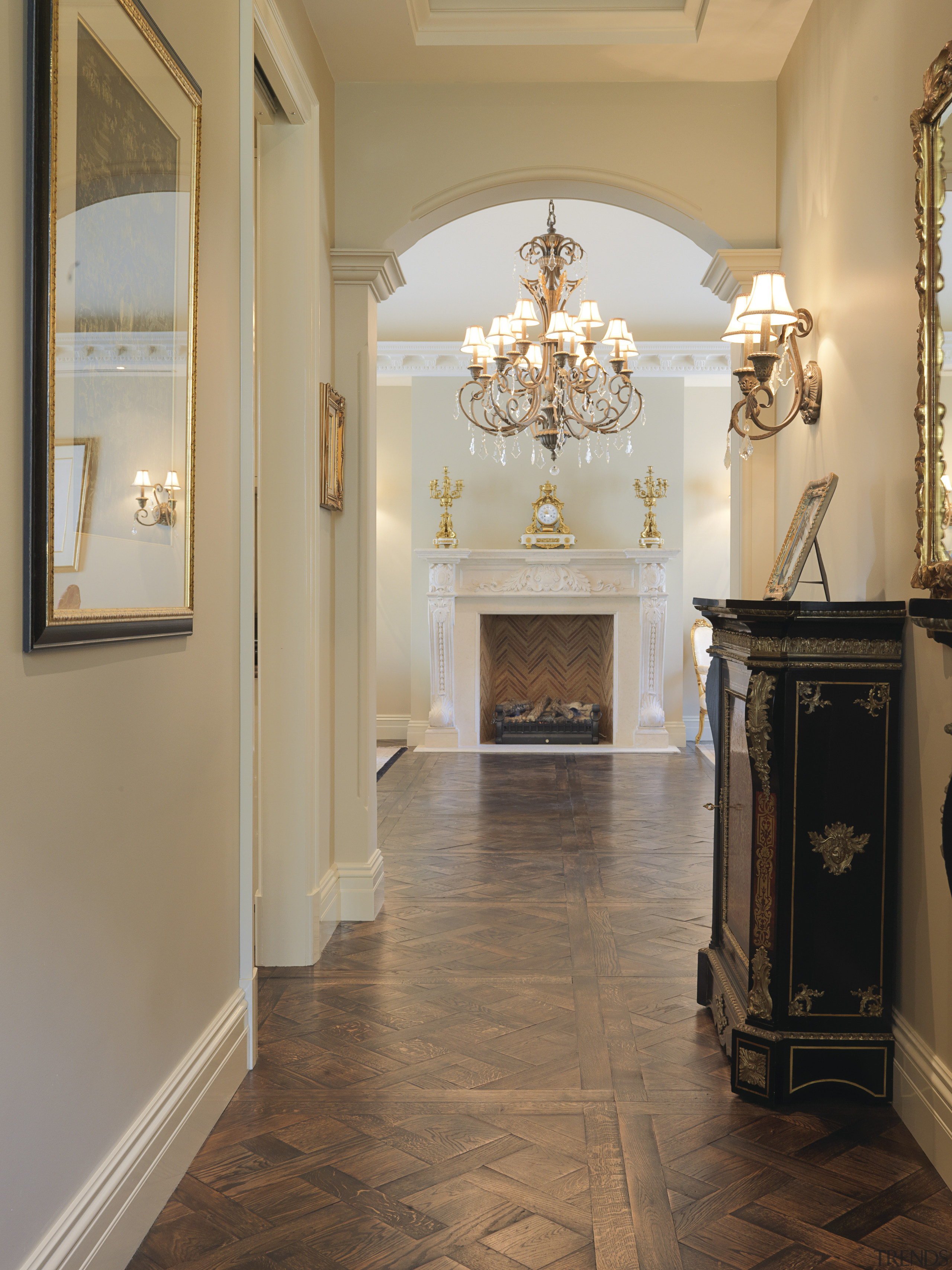 Traditional hallway with chandelier and fireplace - Traditional ceiling, estate, floor, flooring, hall, hardwood, home, interior design, laminate flooring, living room, lobby, molding, real estate, room, tile, wall, wood, wood flooring, brown, orange