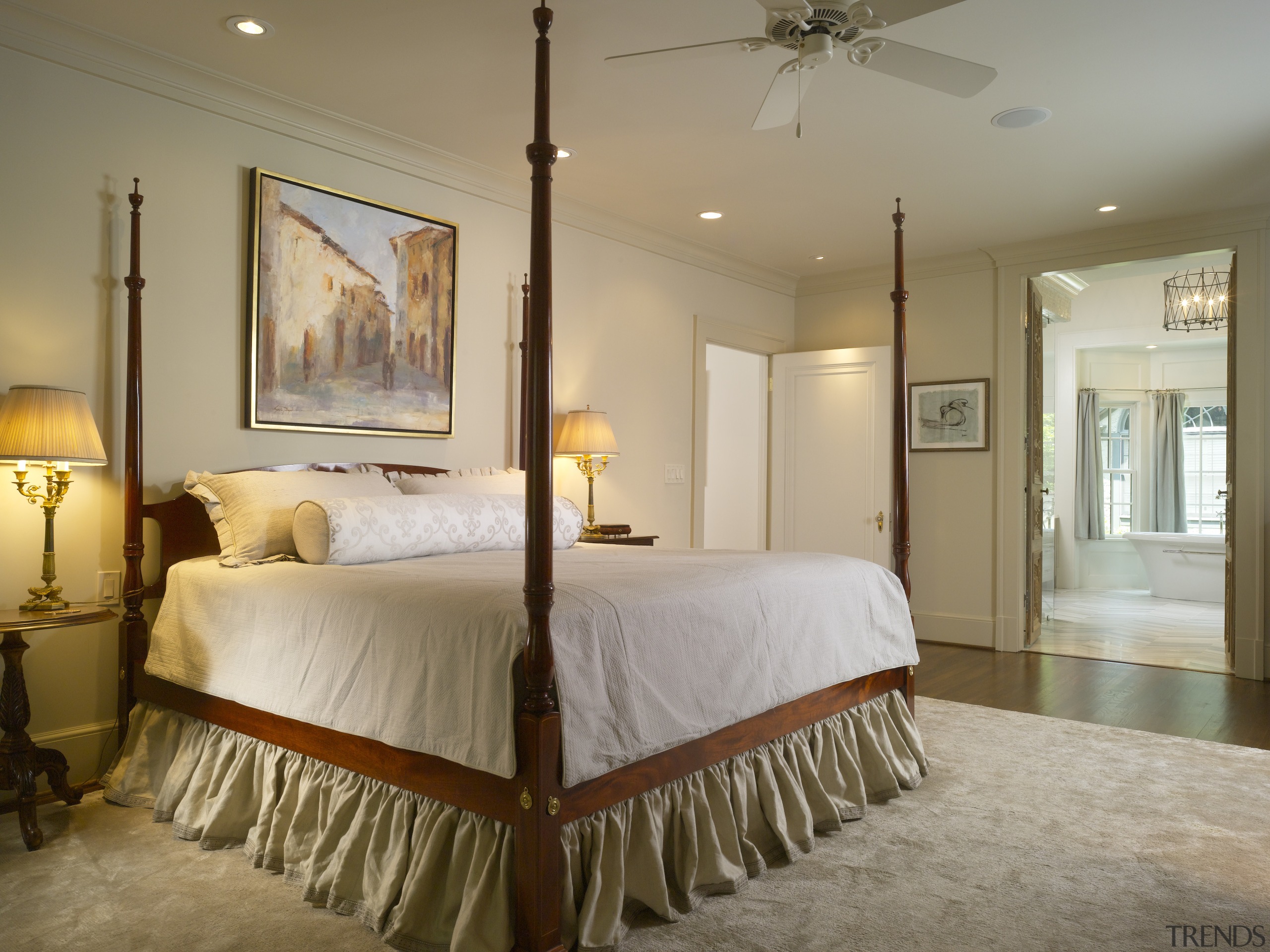 This master suite's architects were James Hess and bed, bed frame, bedroom, ceiling, estate, floor, flooring, furniture, home, interior design, property, real estate, room, suite, wall, window, brown, gray