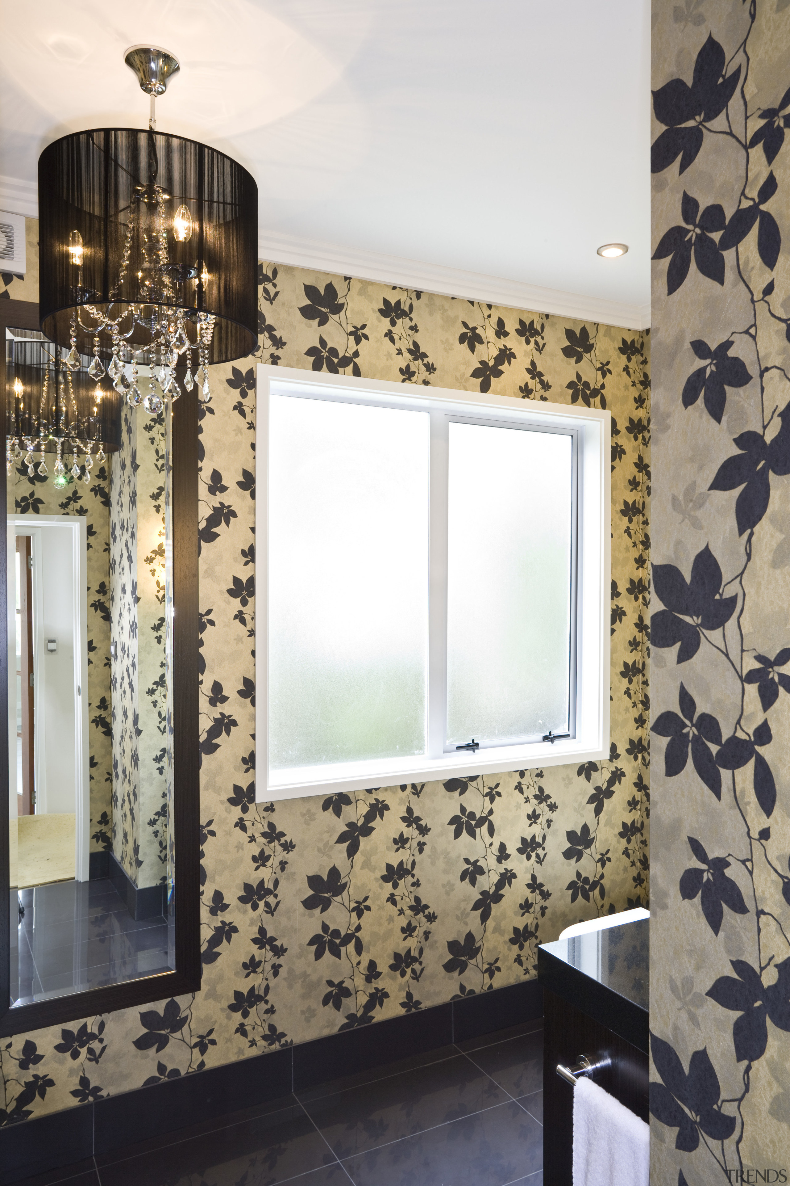 View of a powder room with a crystal bathroom, ceiling, floor, flooring, home, interior design, room, tile, wall, window, white