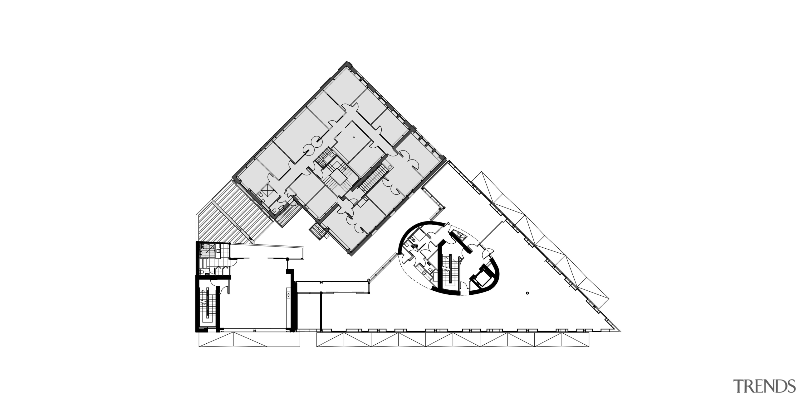 Plan of second floor of The Stranges and angle, area, black and white, design, diagram, drawing, font, line, line art, pattern, product design, structure, text, triangle, white