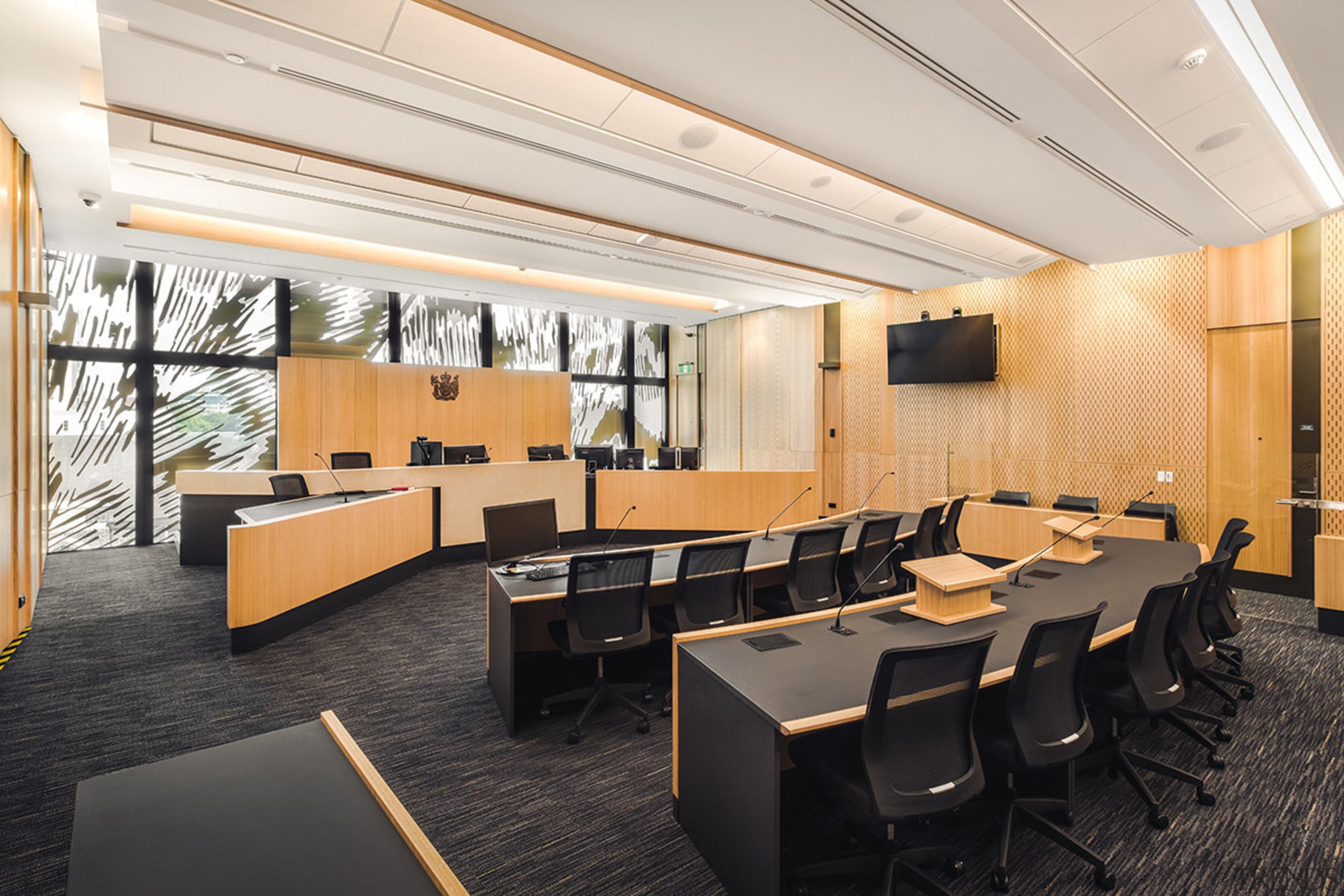 The Family Court at the Christchurch Justice &amp; architecture, ceiling, conference hall, interior design, lobby, office, white, black