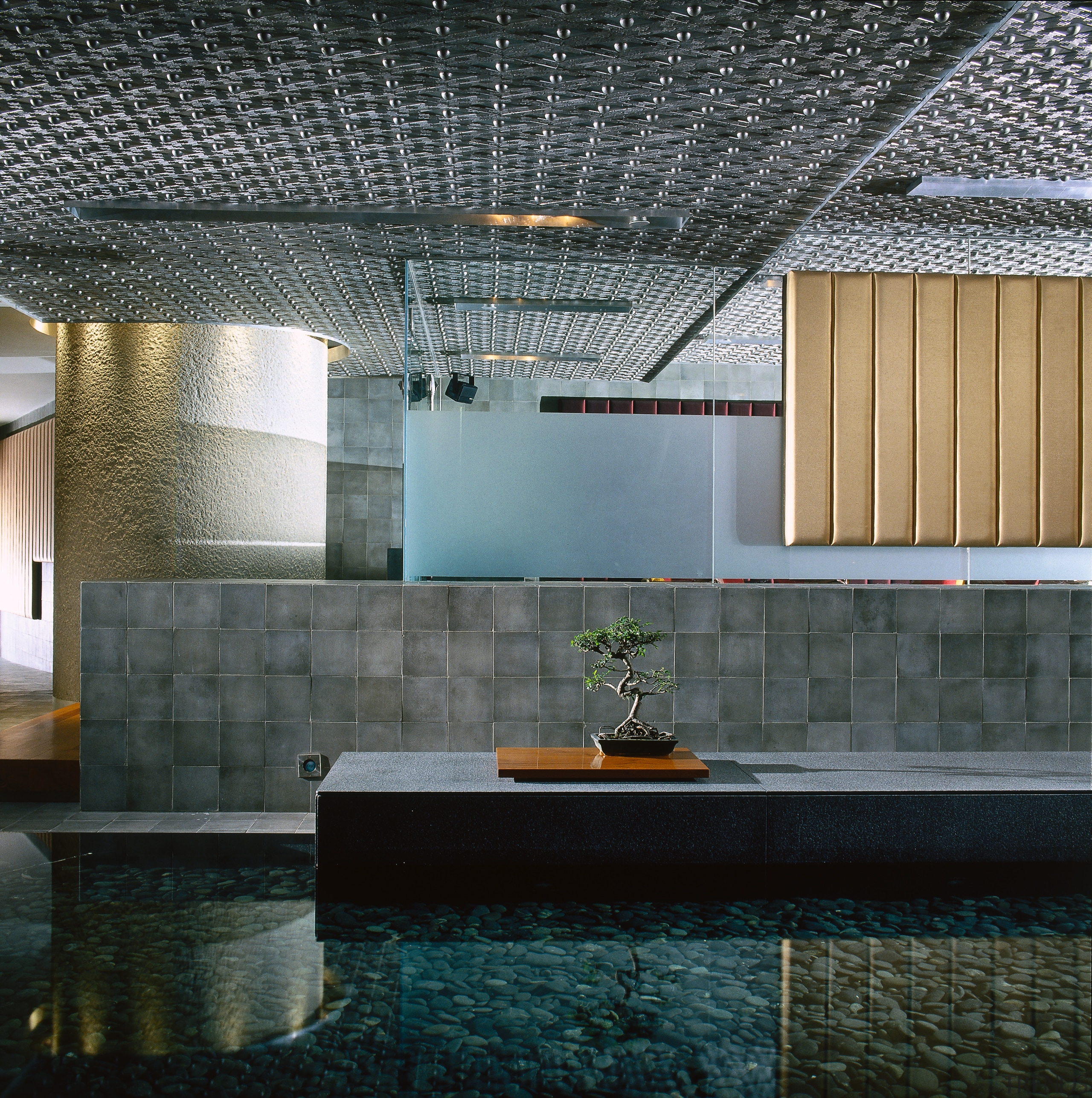 Indoor pond with stones and grey walls, and architecture, ceiling, daylighting, interior design, lobby, black, gray