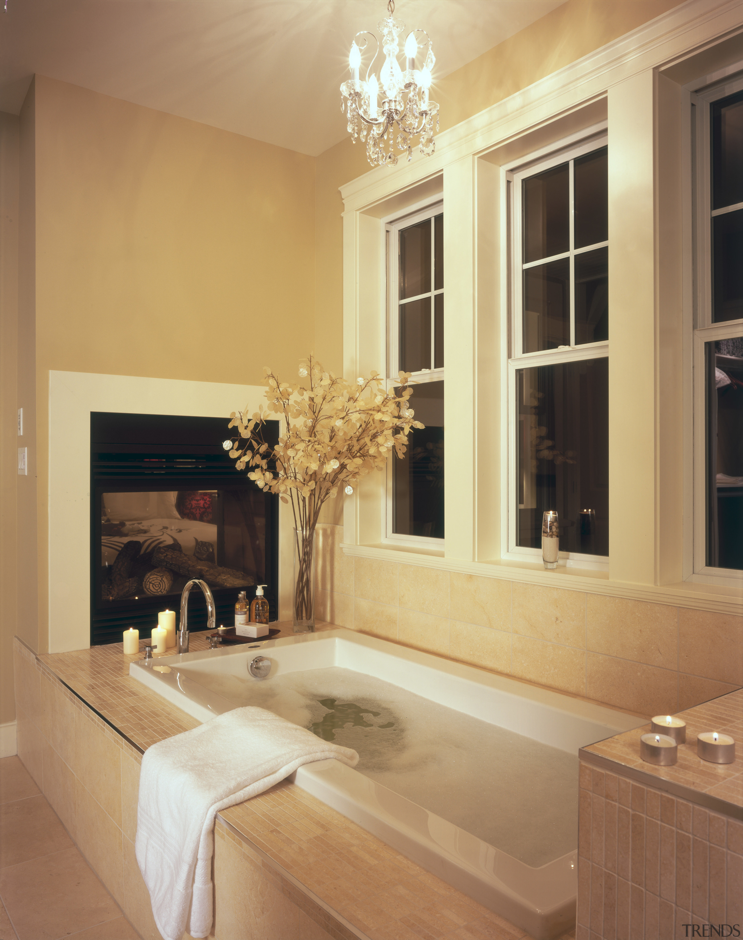 A view of the maser bathroom featuring tiled bathroom, ceiling, countertop, estate, floor, flooring, home, interior design, living room, room, wall, window, orange