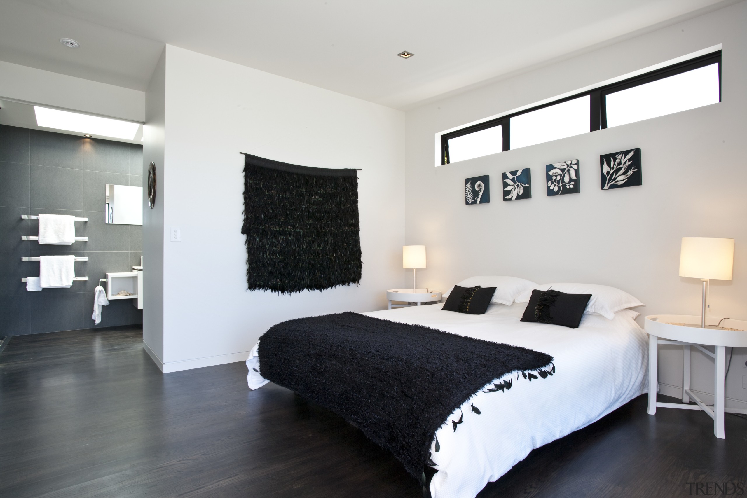 View of the master bedroom featuring stained American bed frame, bedroom, ceiling, floor, home, interior design, property, real estate, room, wall, white